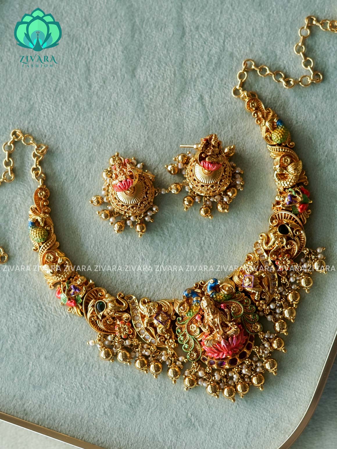 MADHURYA -  GRAND BRIDAL VINTAGE FINISH  handpainted - Traditional south indian premium neckwear with earrings- Zivara Fashion- latest jewellery design