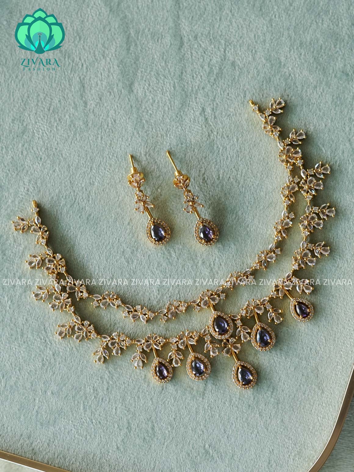 PURPLE STONE STEP - stylish and minimal elegant neckwear with earrings- Zivara Fashion