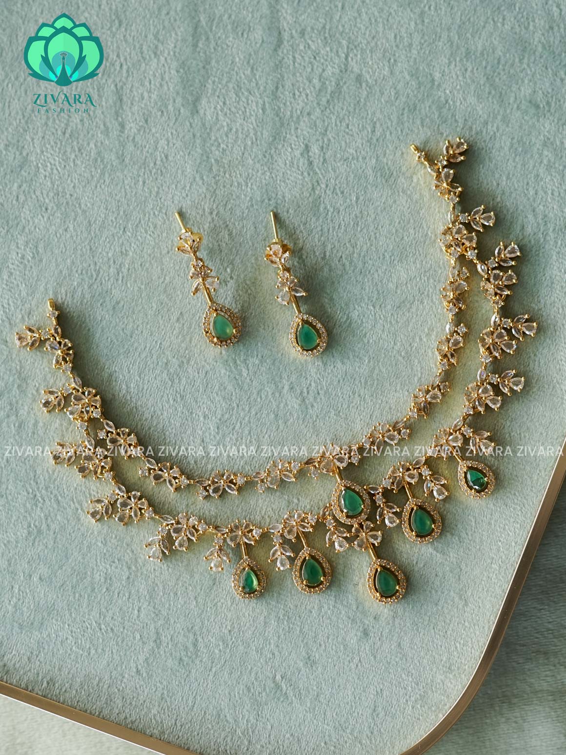 GREEN STONE STEP - stylish and minimal elegant neckwear with earrings- Zivara Fashion