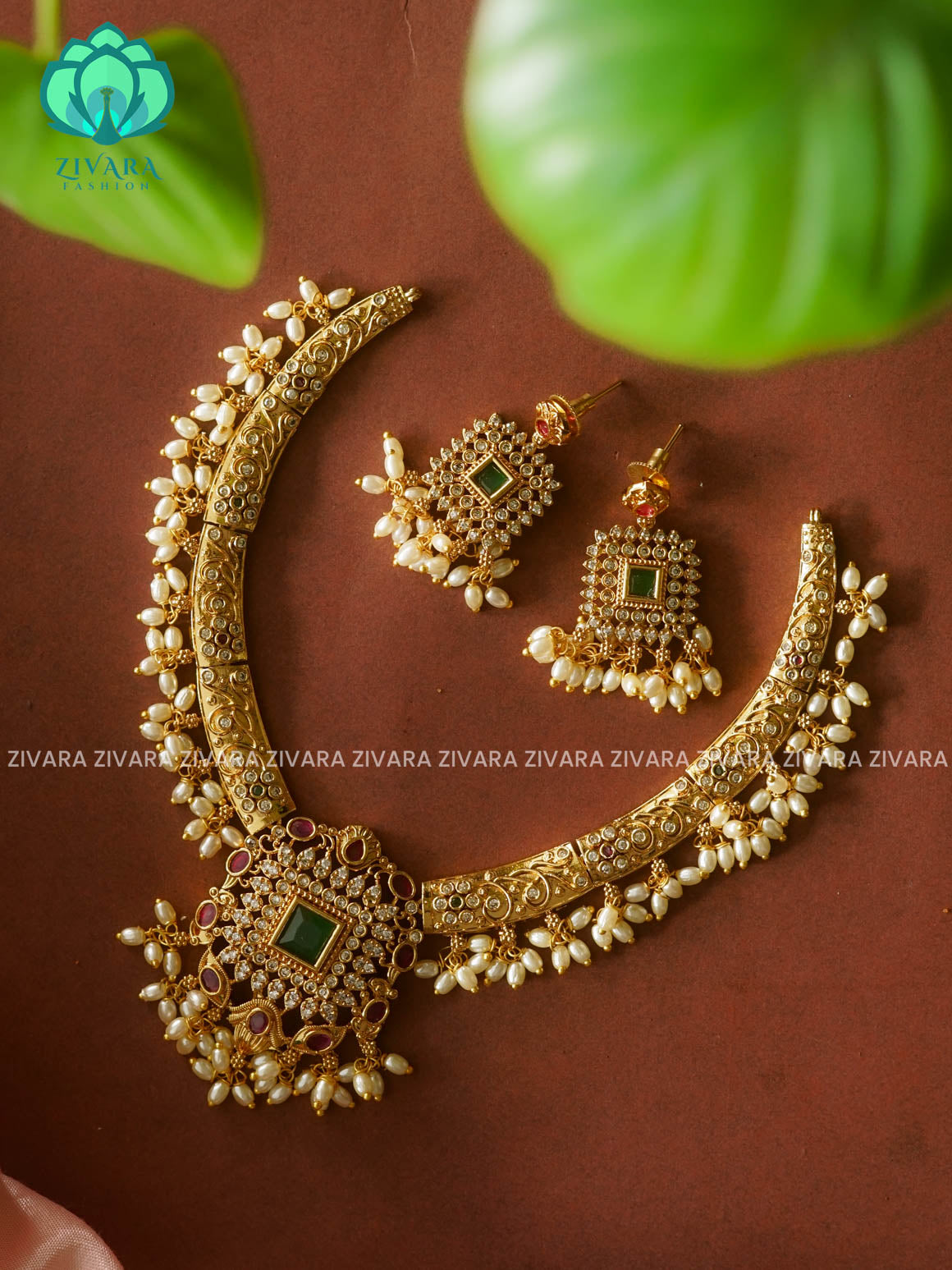 Square pendant Bridal hasli - TRADITIONAL neckwear with earrings- Zivara Fashion