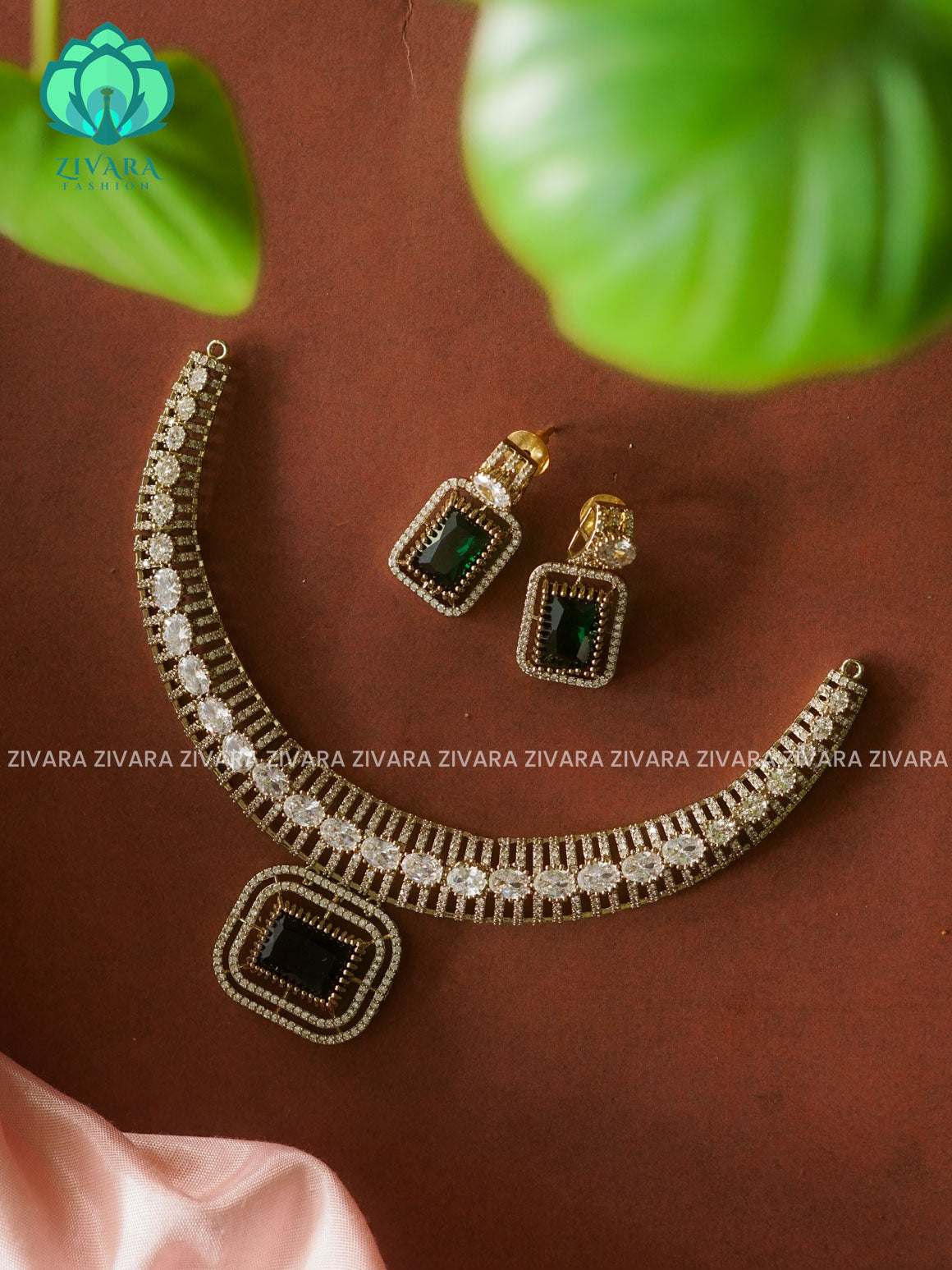 GREEN - Square pendant Bridal hasli - stylish and minimal elegant neckwear with earrings- Zivara Fashion