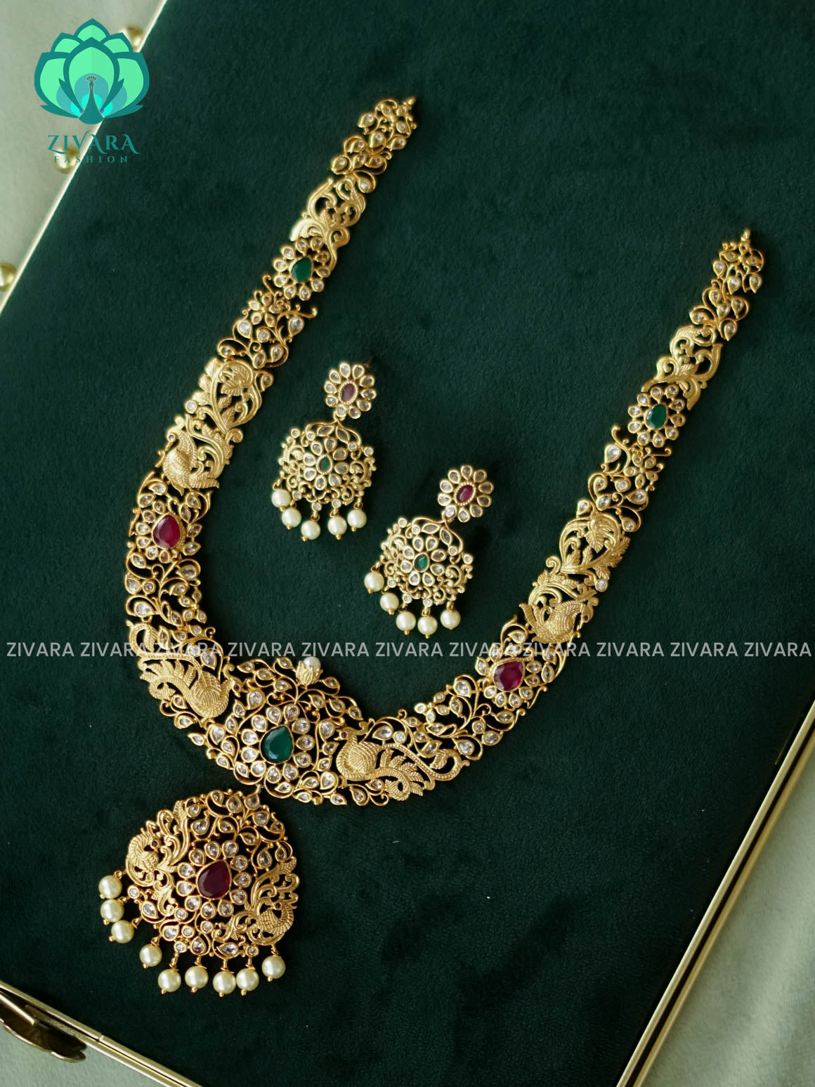 BRIDAL STONE - Traditional PREMIUM MATTE polish MIDCHEST haaram/neckwear with earrings- Zivara Fashion