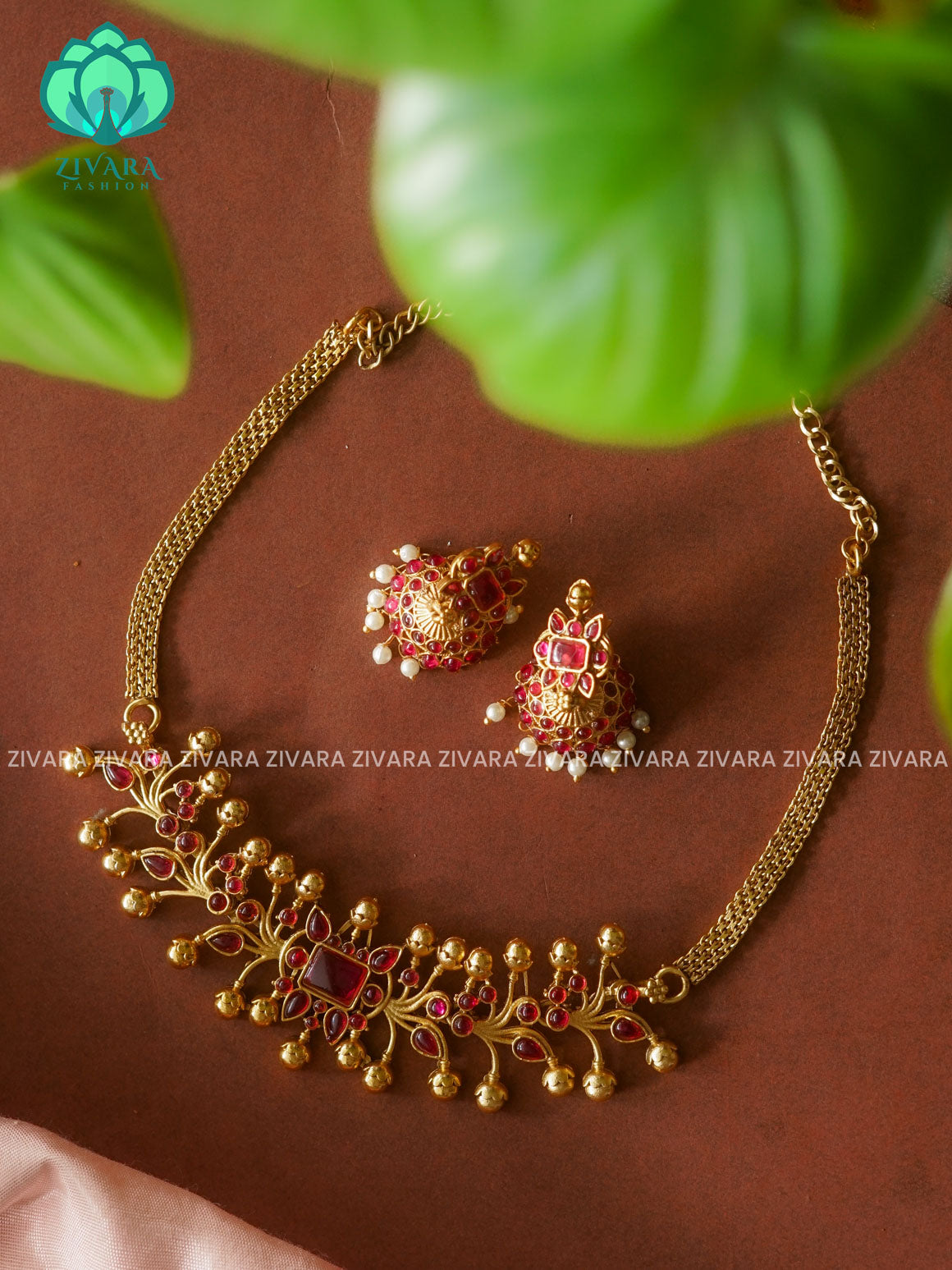 Ruby - Trending LEAFY BIG choker with earrings-latest south indian jewellery