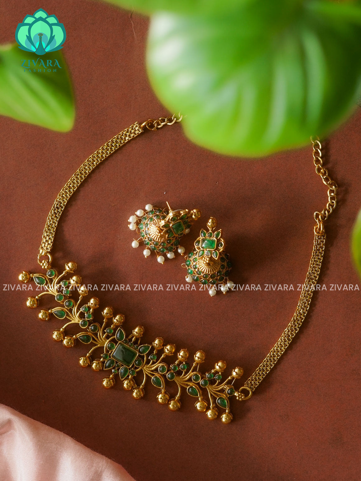 GREEN- Trending LEAFY BIG choker with earrings-latest south indian jewellery