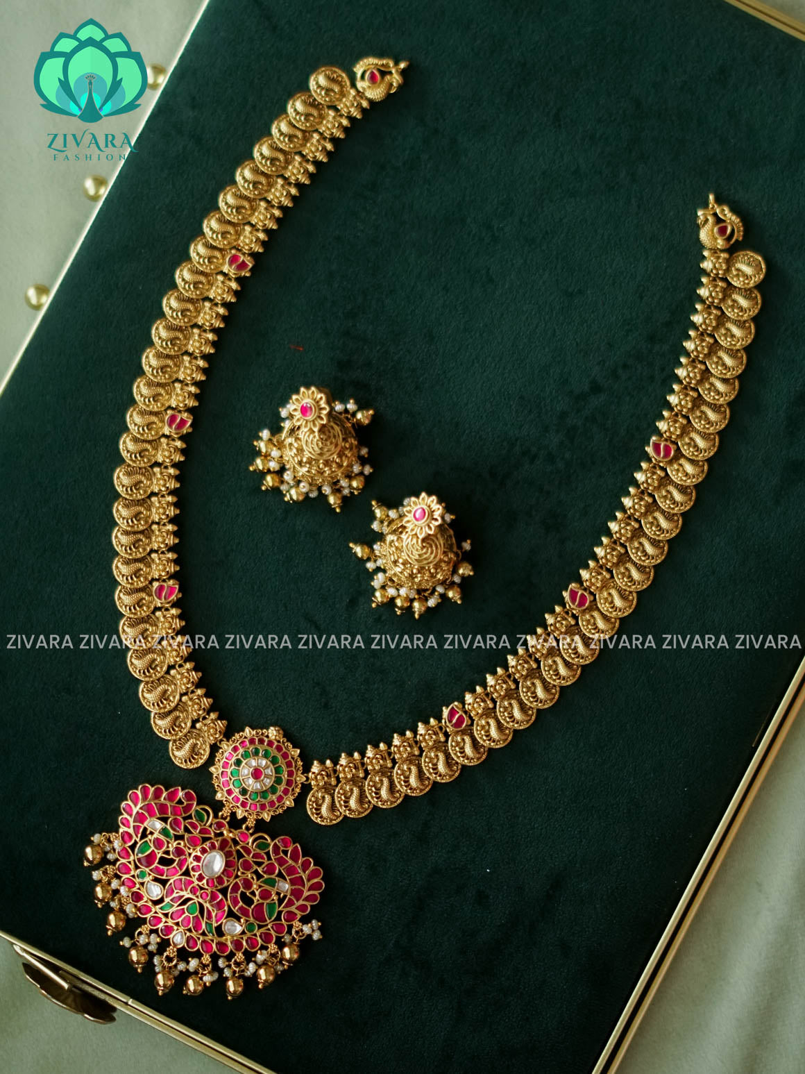JADAU COIN AND PENDANT WITH GOLD BEADS BRIDAL - Traditional PREMIUM MATTE polish MIDCHEST haaram/neckwear with earrings- Zivara Fashion