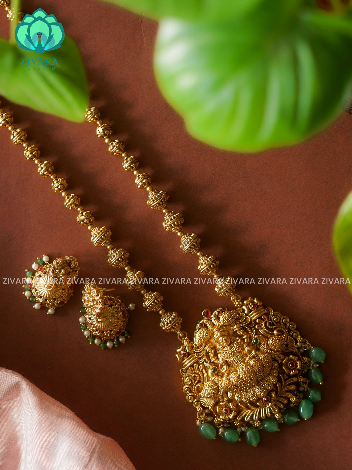 GREEN BEADS AND TEMPLE PENDANT  BALL CHAIN - Traditional NORMAL MATTE polish MIDCHEST haaram/neckwear with earrings- Zivara Fashion