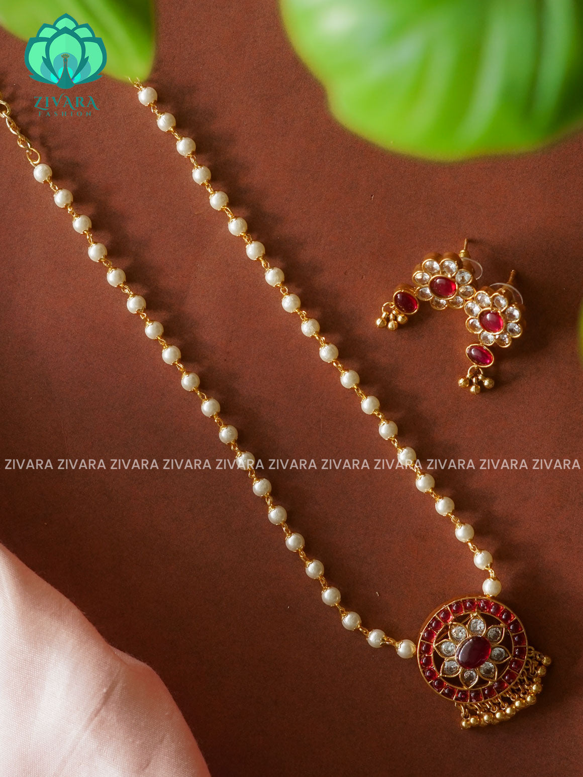 RUBY ROUND PENDANT  PearL Neckset - Normal matte Neckwear with earrings-latest south indian jewellery