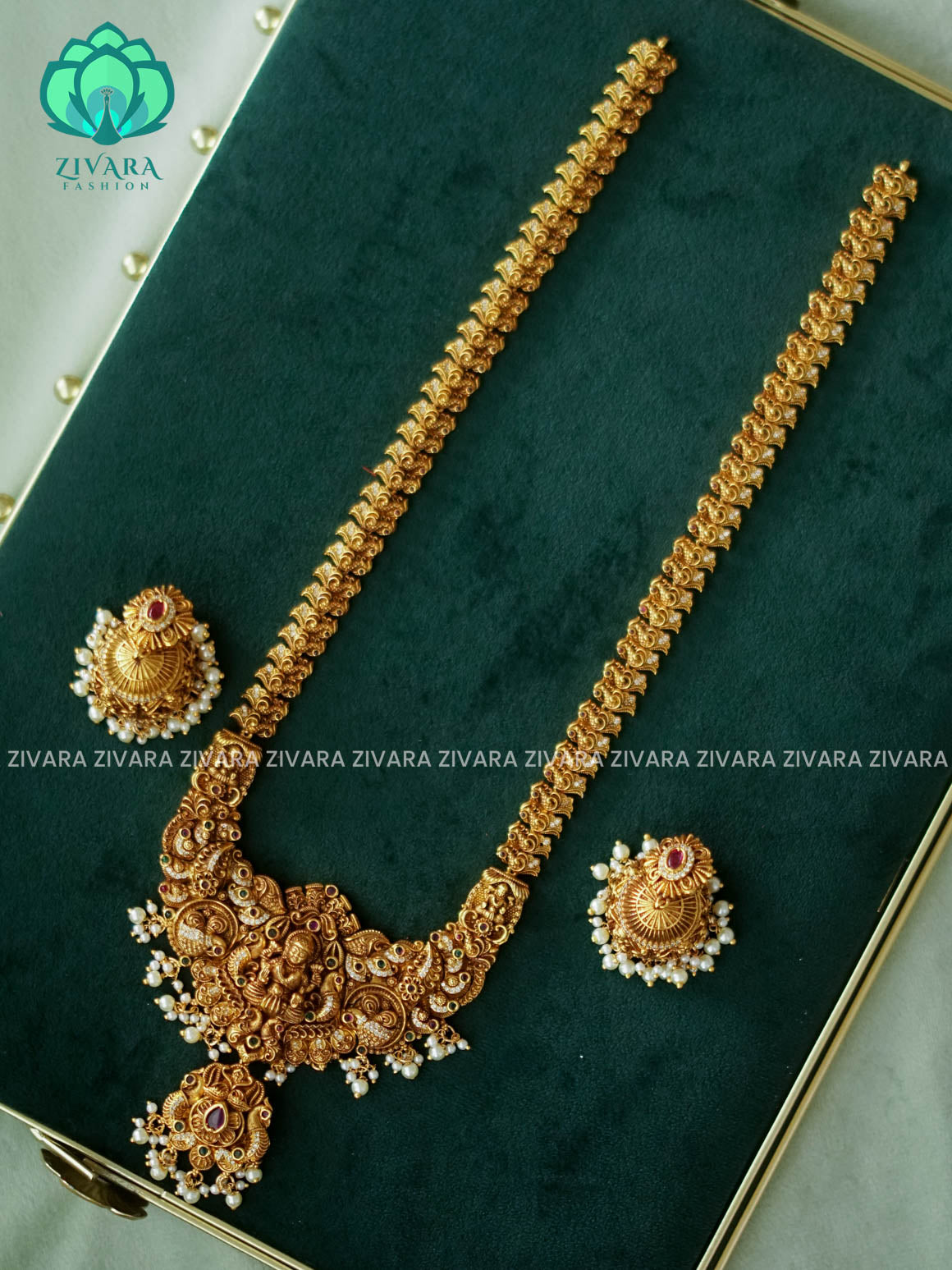 TEMPLE BRIDAL - Traditional PREMIUM MATTE polish MIDCHEST haaram/neckwear with earrings- Zivara Fashion