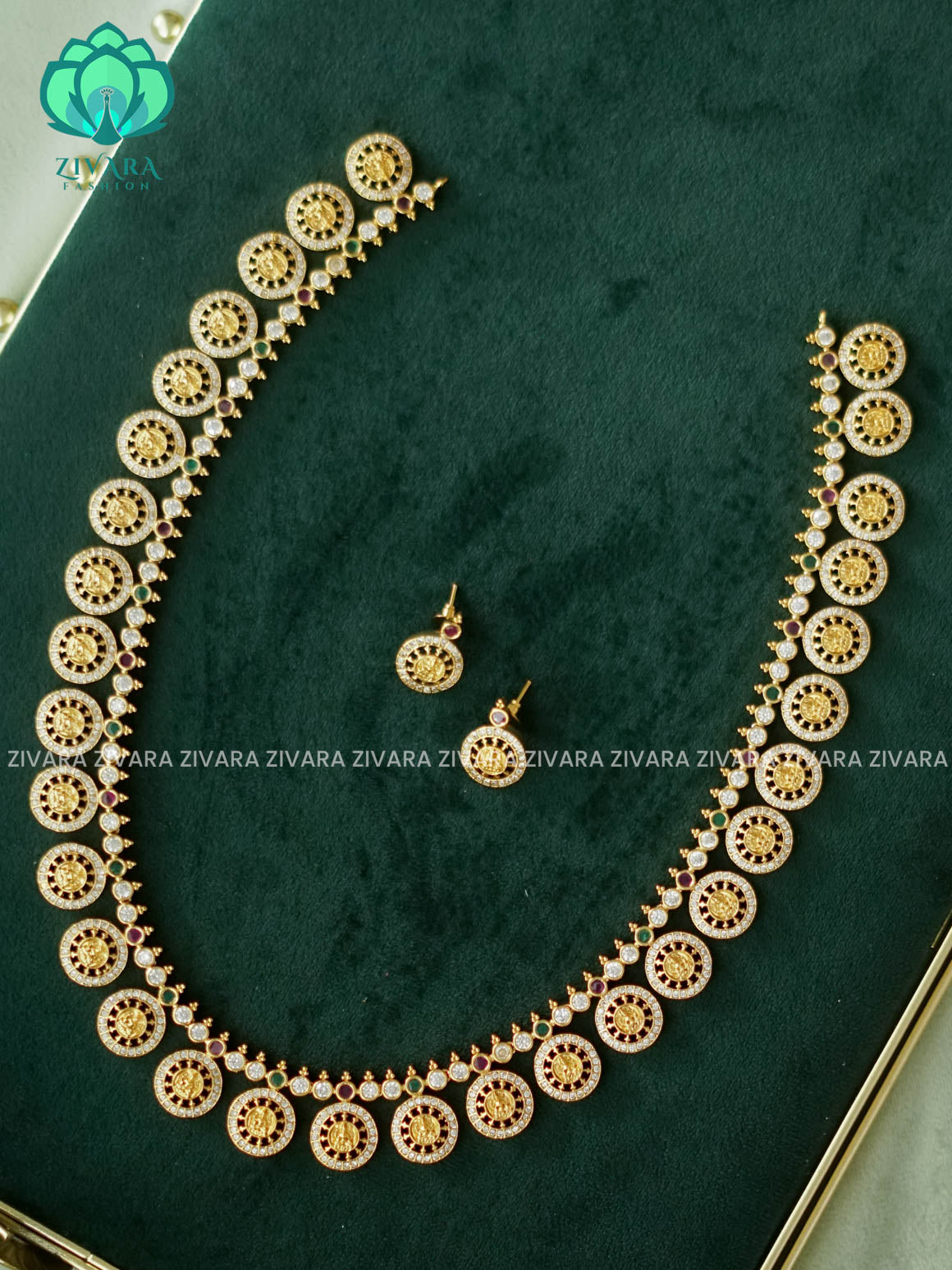 TEMPLE COIN BUTTA  - Traditional PREMIUM MATTE polish MIDCHEST haaram/neckwear with earrings- Zivara Fashion