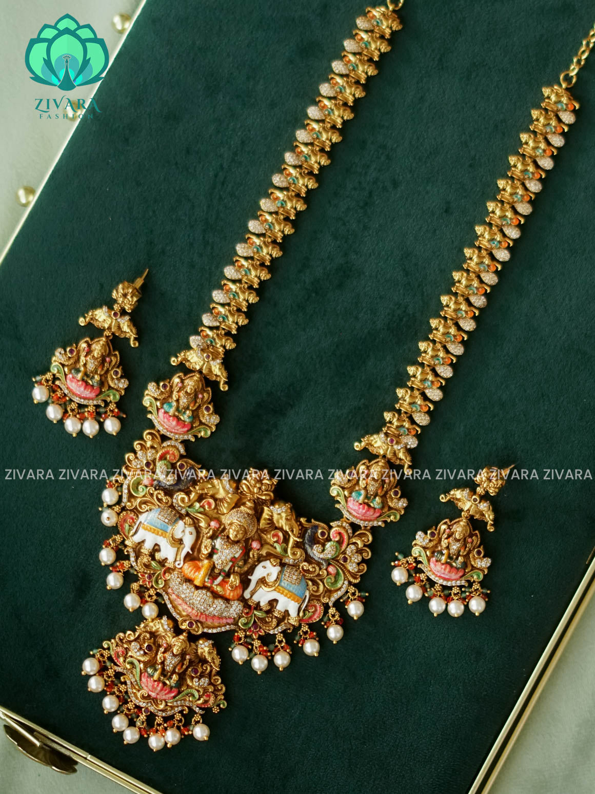 MADHURYA -  GRAND BRIDAL GAJA LAKSHMI haram handpainted - Traditional south indian premium neckwear with earrings- Zivara Fashion