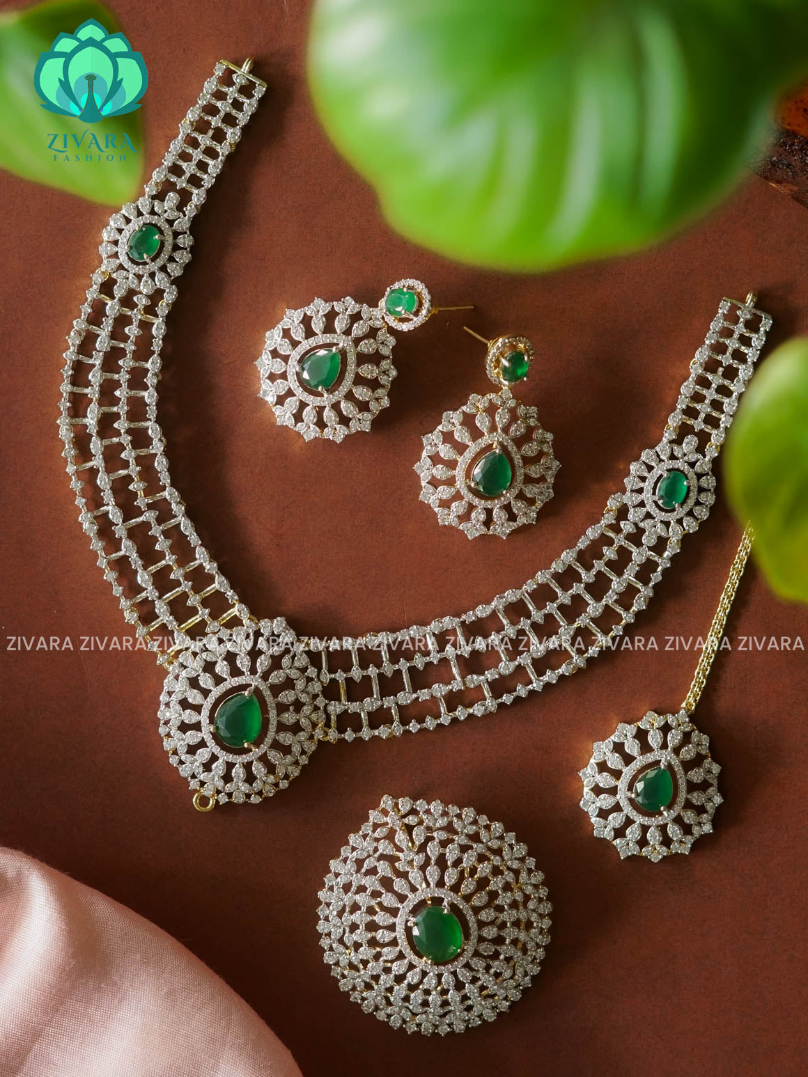 GREEN AD BRIDAL STONE REMOVABLE PENDANT NECKWEAR - stylish and minimal elegant neckwear with earrings- Zivara Fashion