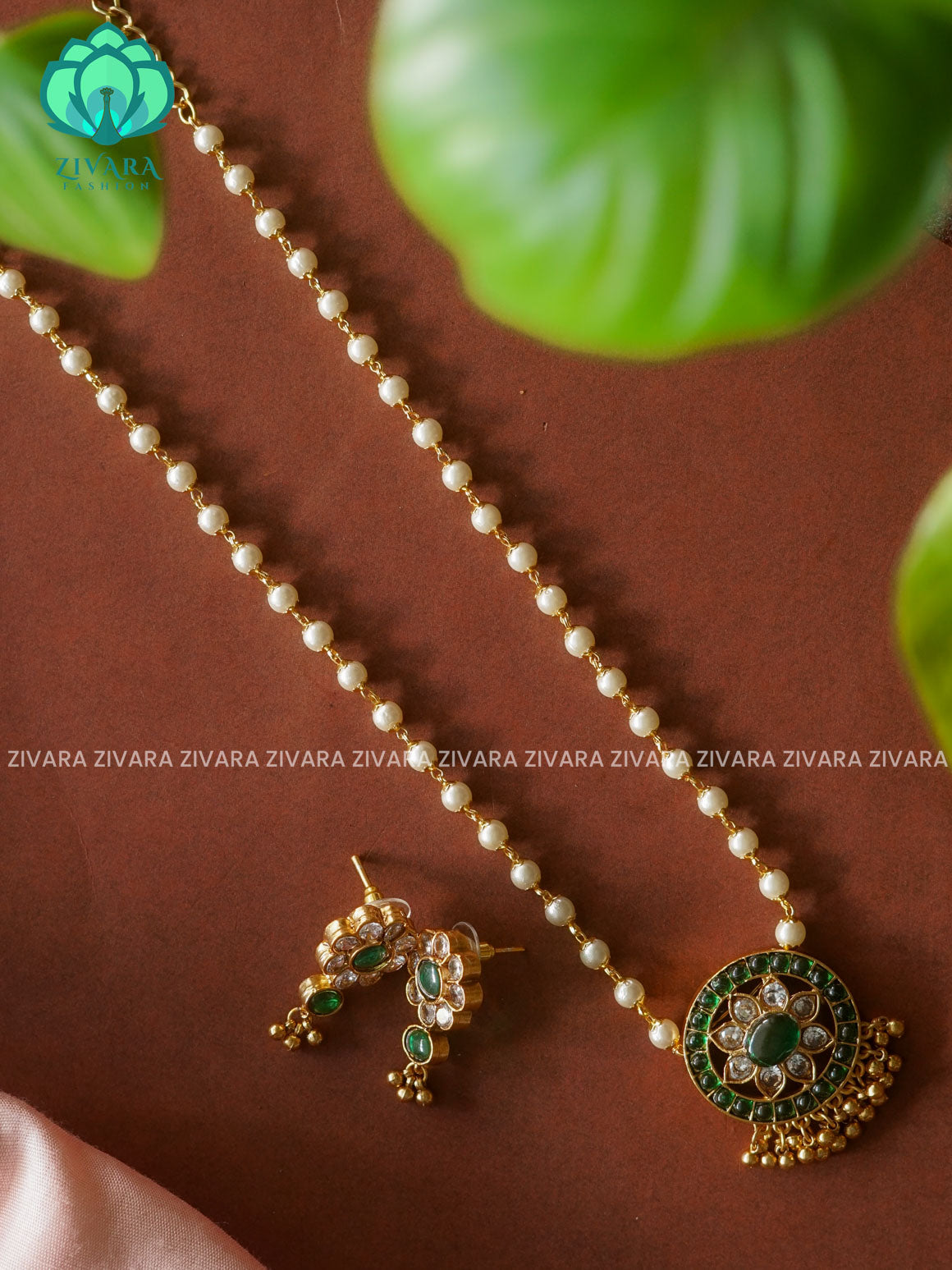 GREEN ROUND PENDANT  PearL Neckset - Normal matte Neckwear with earrings-latest south indian jewellery