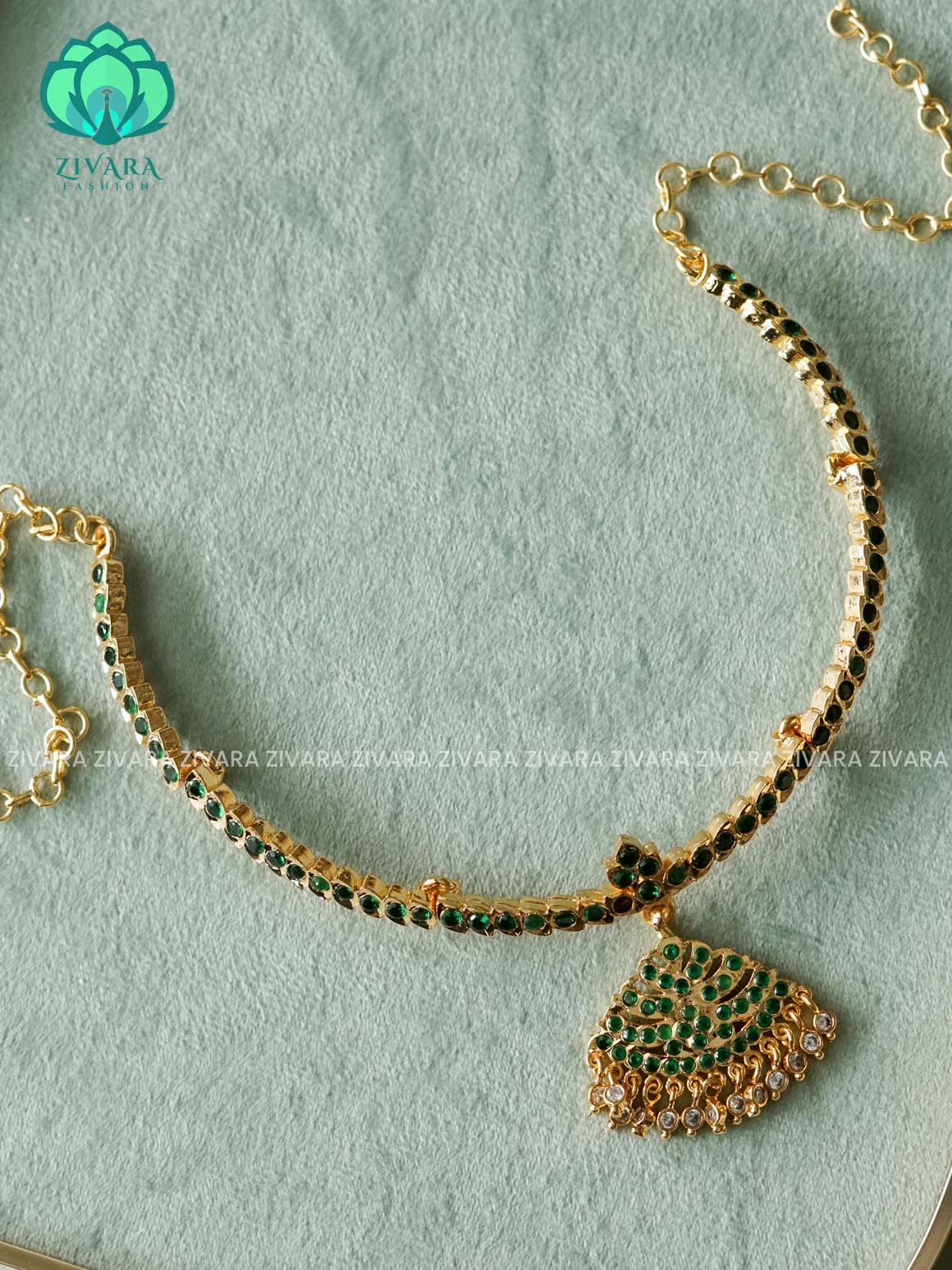 AMBIGAI-  GREEN  STONE MOTIF FREE  MICROGOLD POLISH FLEXIBLE CHAIN  ATTIGAI - Zivara Fashion- latest jewellery design