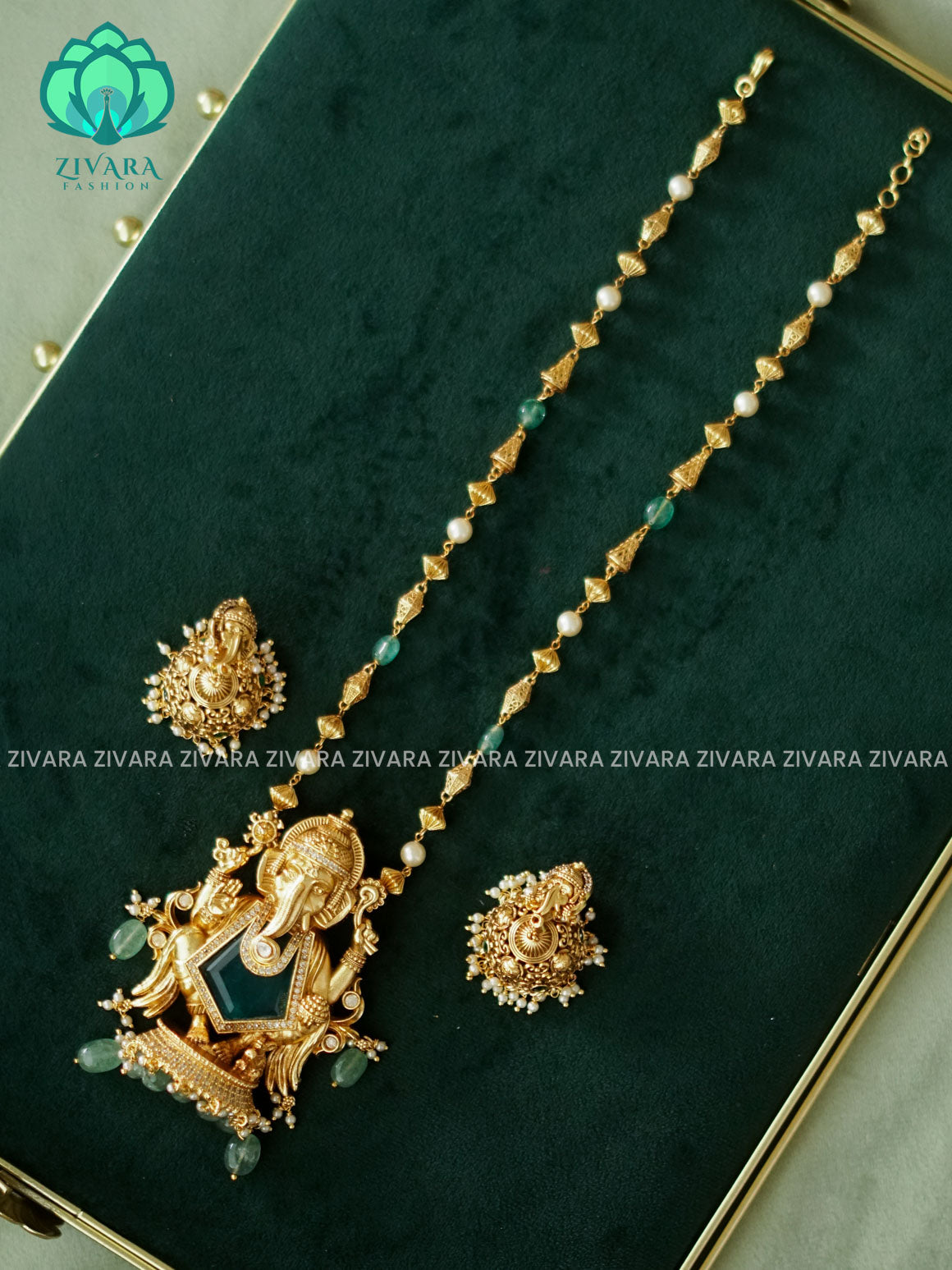 GREEN GANESHA PENDANT- Traditional south indian neckwear with earrings - Zivara Fashion
