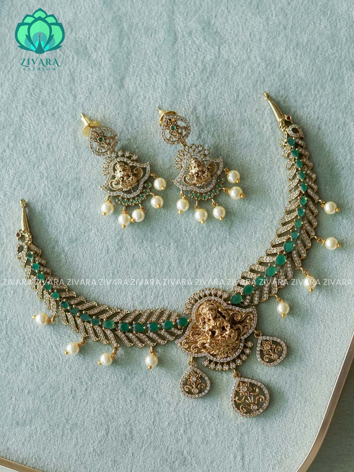 GREEN TEMPLE GRAND BRIDAL   - Traditional south indian premium neckwear with earrings- Zivara Fashion- latest jewellery design
