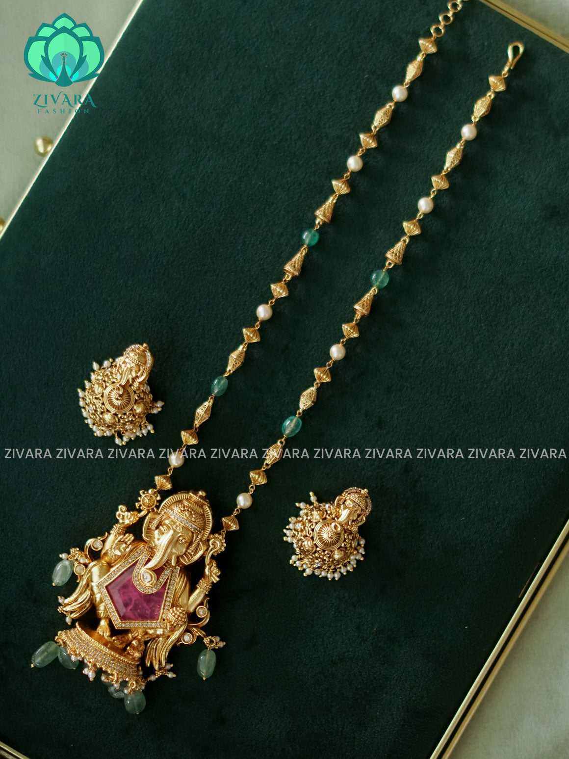 RUBY GANESHA PENDANT- Traditional south indian neckwear with earrings - Zivara Fashion