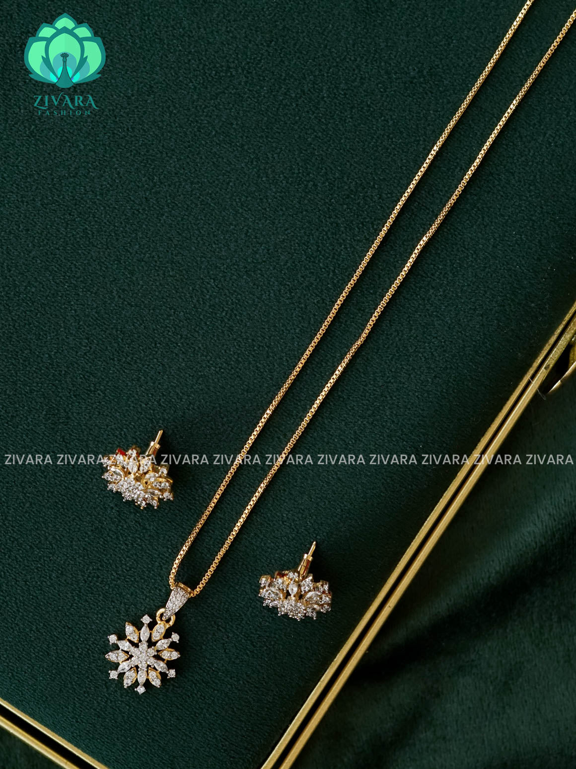 Zyra- Diamond replica Gold polish-pendant set and earrings ( CHAIN COMPLIMENTARY)  -Trending office wear jewellery-Zivara fashion