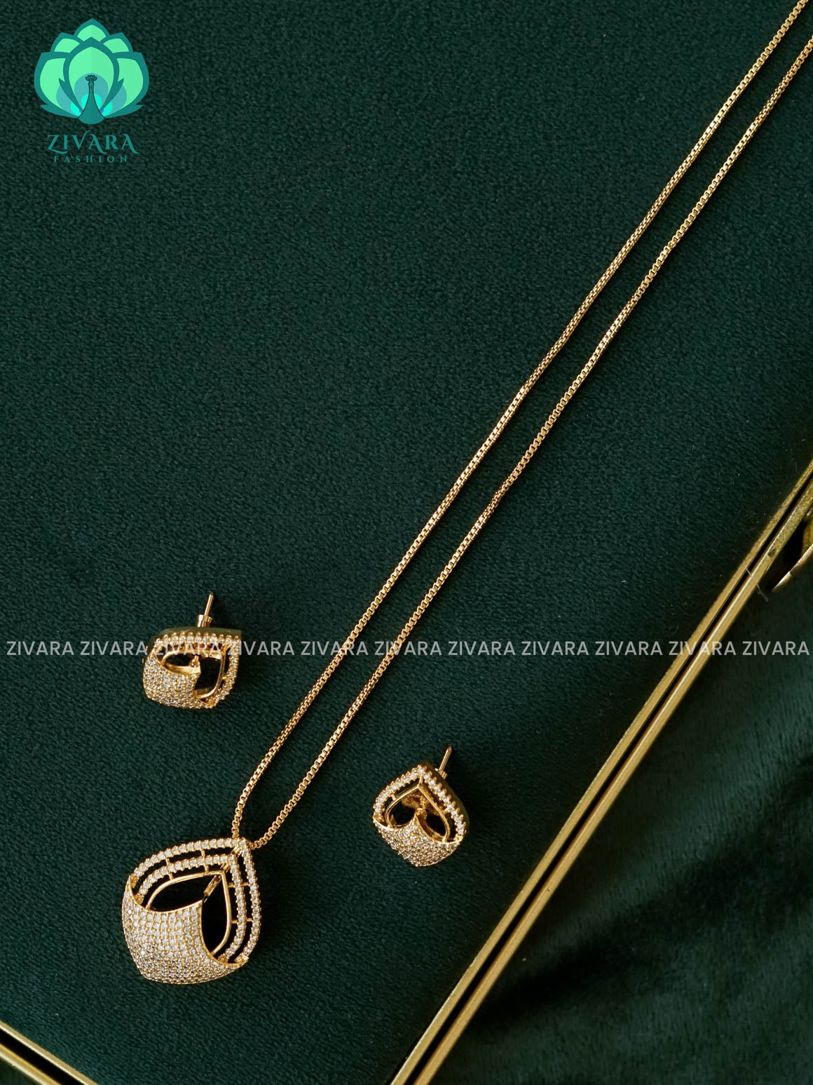 Zyra- Diamond replica Gold polish-pendant set and earrings  -Trending office wear jewellery-Zivara fashion