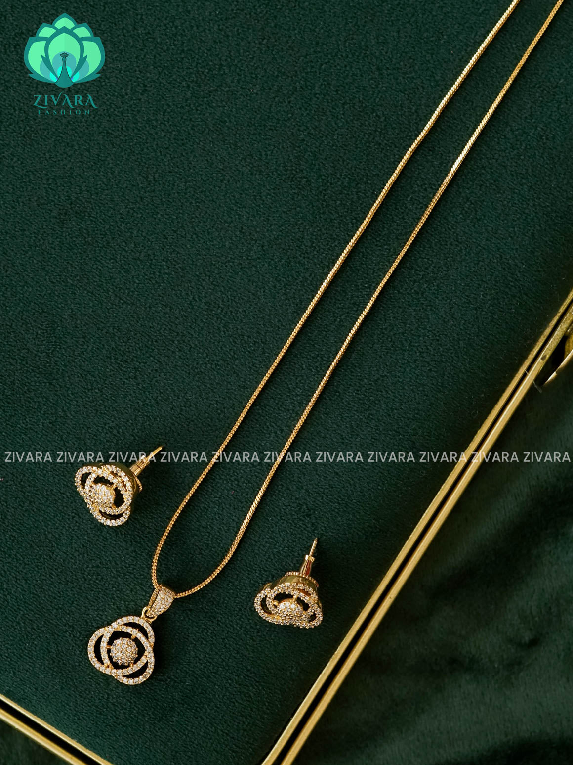 Zyra- Diamond replica Gold polish-pendant set and earrings ( CHAIN COMPLIMENTARY)  -Trending office wear jewellery-Zivara fashion