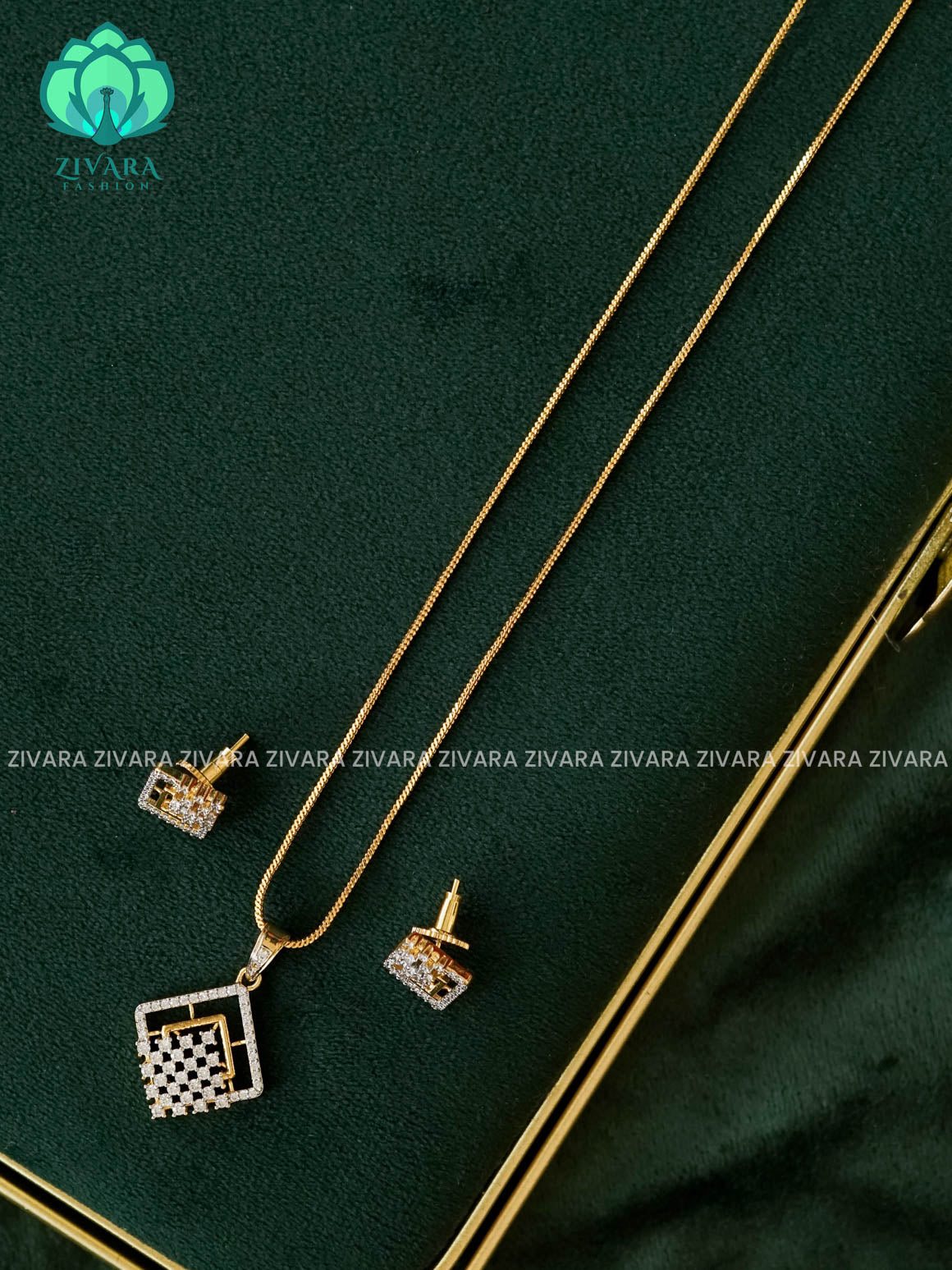 Zyra- Diamond replica Gold polish-pendant set and earrings  -Trending office wear jewellery-Zivara fashion