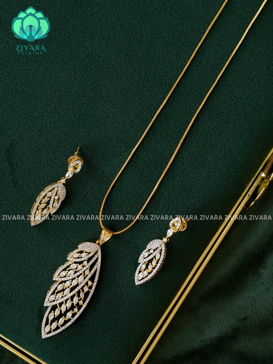 Zyra- Diamond replica Gold polish-pendant set and earrings  -Trending office wear jewellery-Zivara fashion
