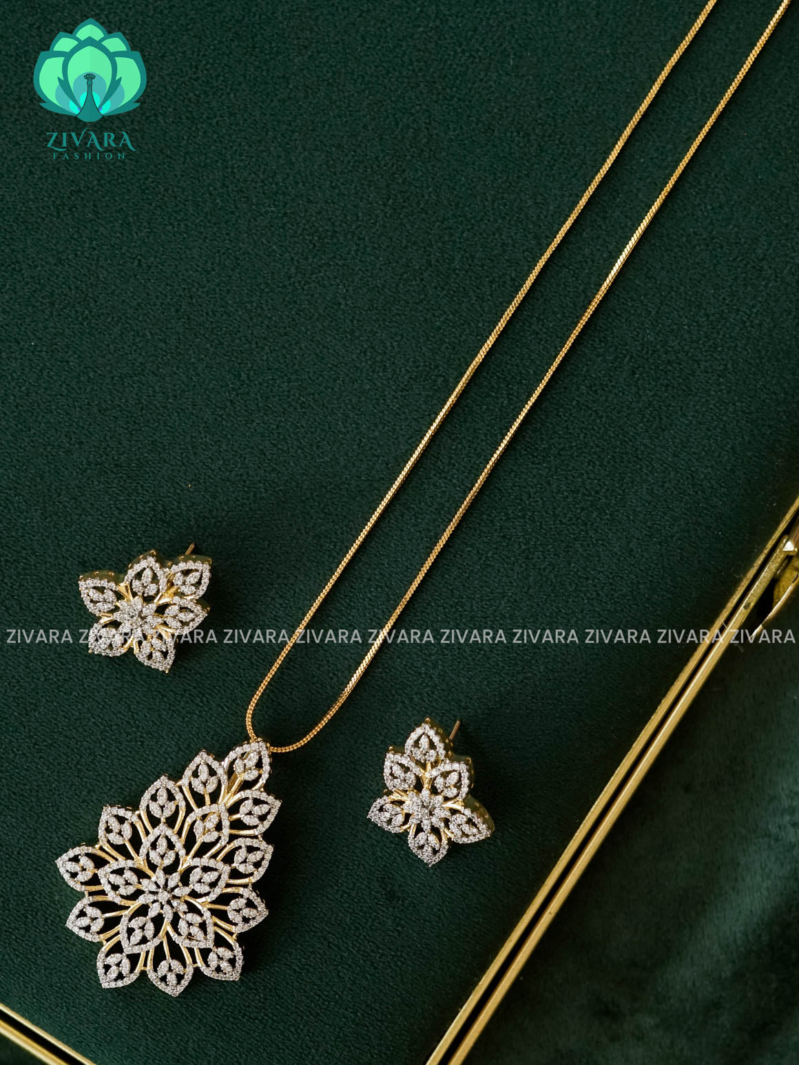 Zyra- Diamond replica Gold polish-pendant set and earrings ( CHAIN COMPLIMENTARY)  -Trending office wear jewellery-Zivara fashion