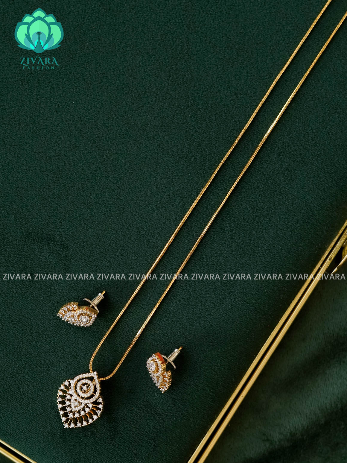 Zyra- Diamond replica Gold polish-pendant set and earrings  -Trending office wear jewellery-Zivara fashion
