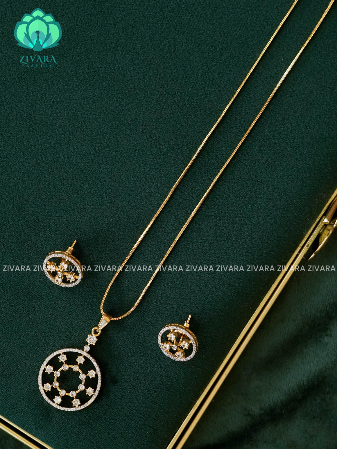 Zyra- Diamond replica Gold polish-pendant set and earrings  -Trending office wear jewellery-Zivara fashion