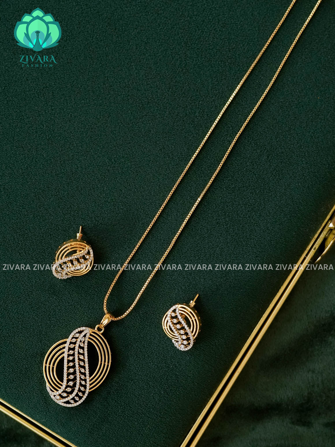 Zyra- Diamond replica Gold polish-pendant set and earrings ( CHAIN COMPLIMENTARY)  -Trending office wear jewellery-Zivara fashion