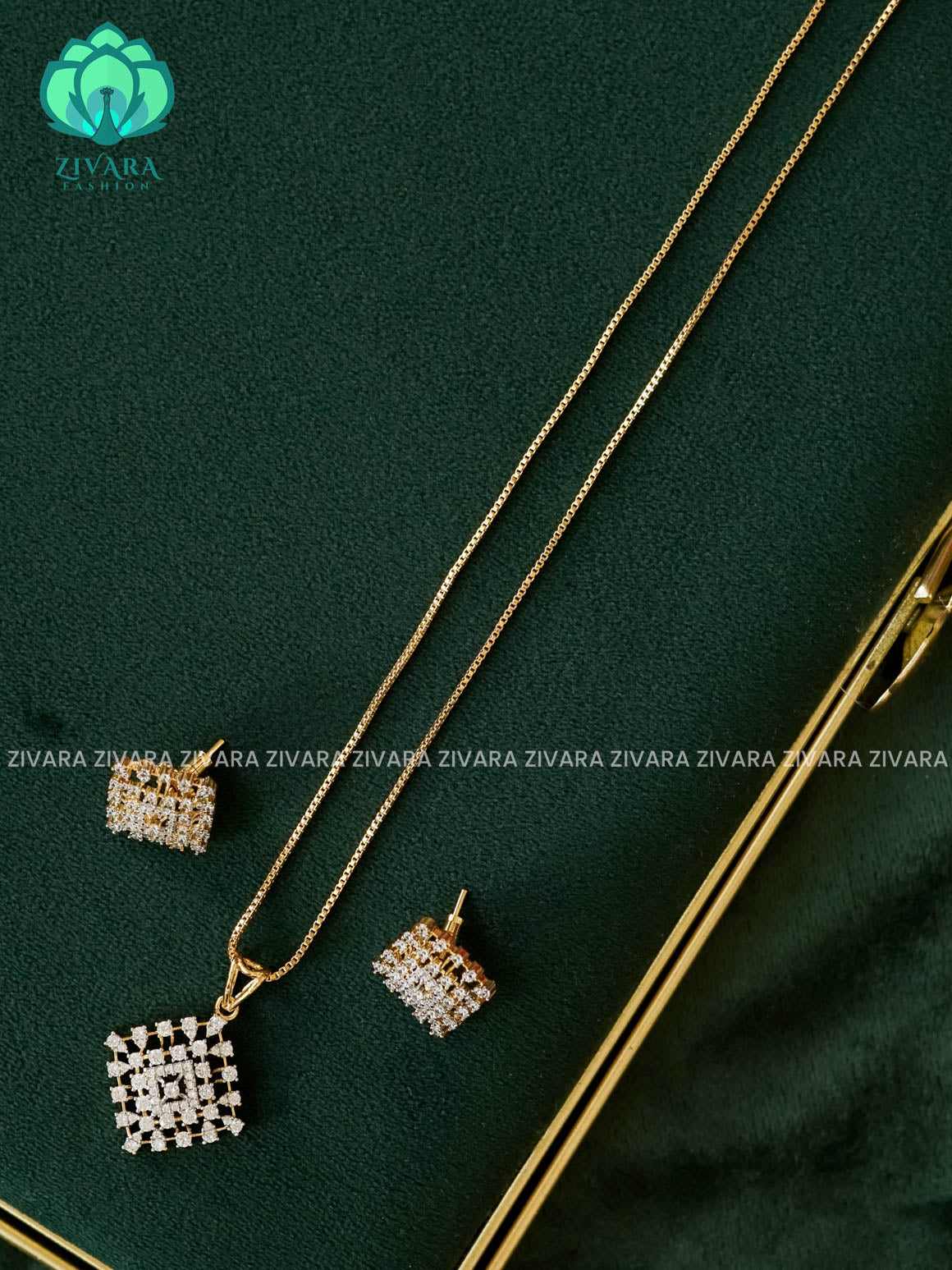 Zyra- Diamond replica Gold polish-pendant set and earrings ( CHAIN COMPLIMENTARY)  -Trending office wear jewellery-Zivara fashion