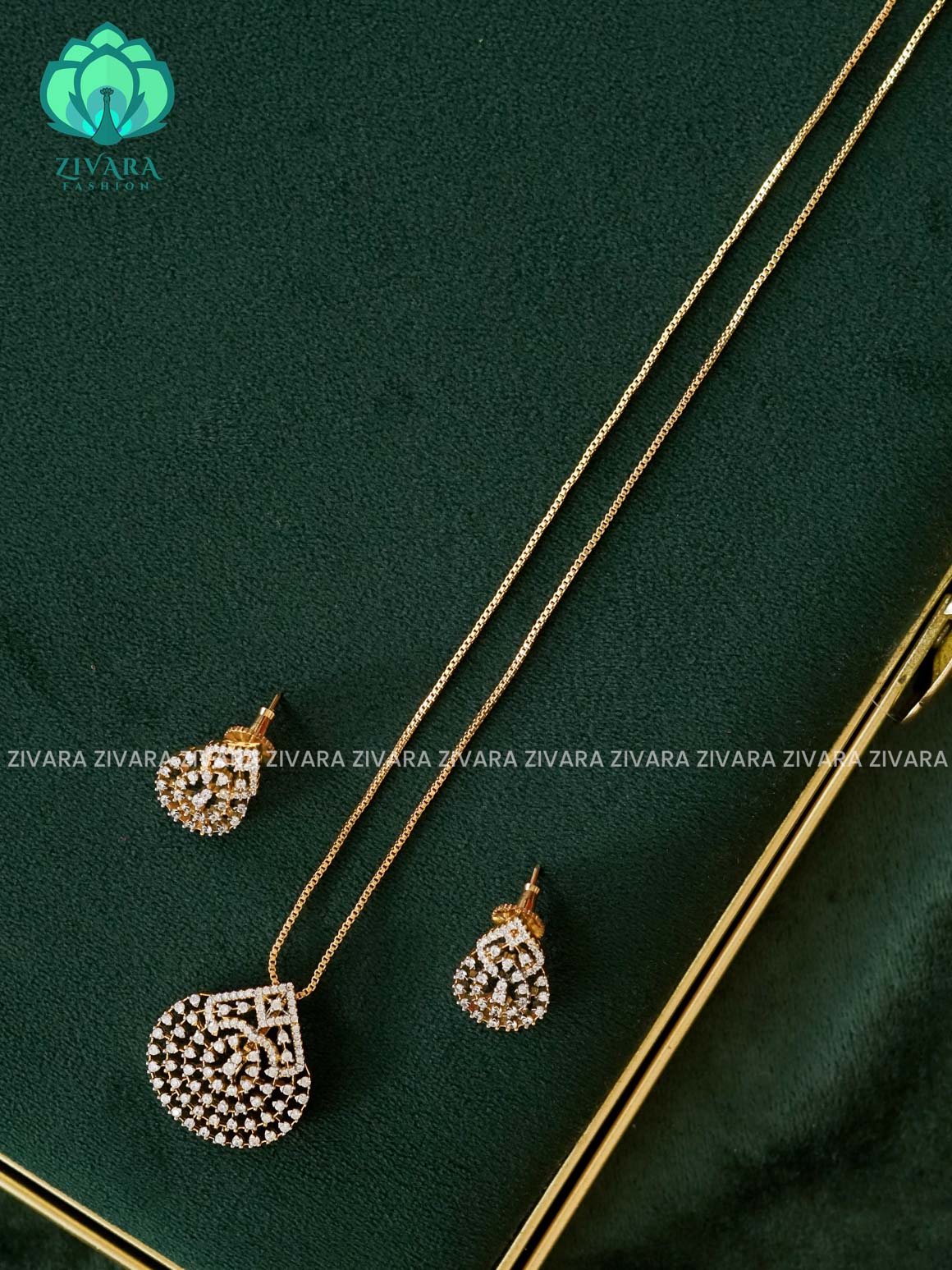 Zyra- Diamond replica matte polish-pendant set and earrings ( CHAIN COMPLIMENTARY)  -Trending office wear jewellery-Zivara fashion