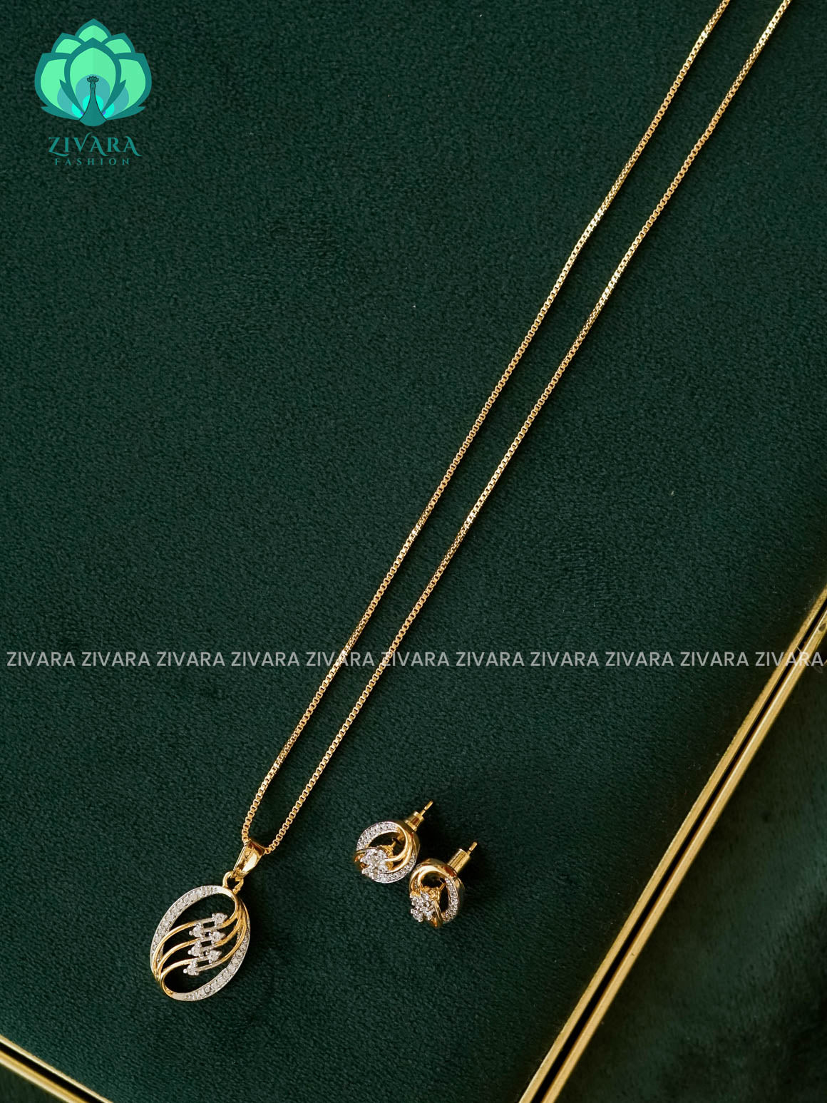 Zyra- Diamond replica Gold polish-pendant set and earrings ( CHAIN COMPLIMENTARY)  -Trending office wear jewellery-Zivara fashion
