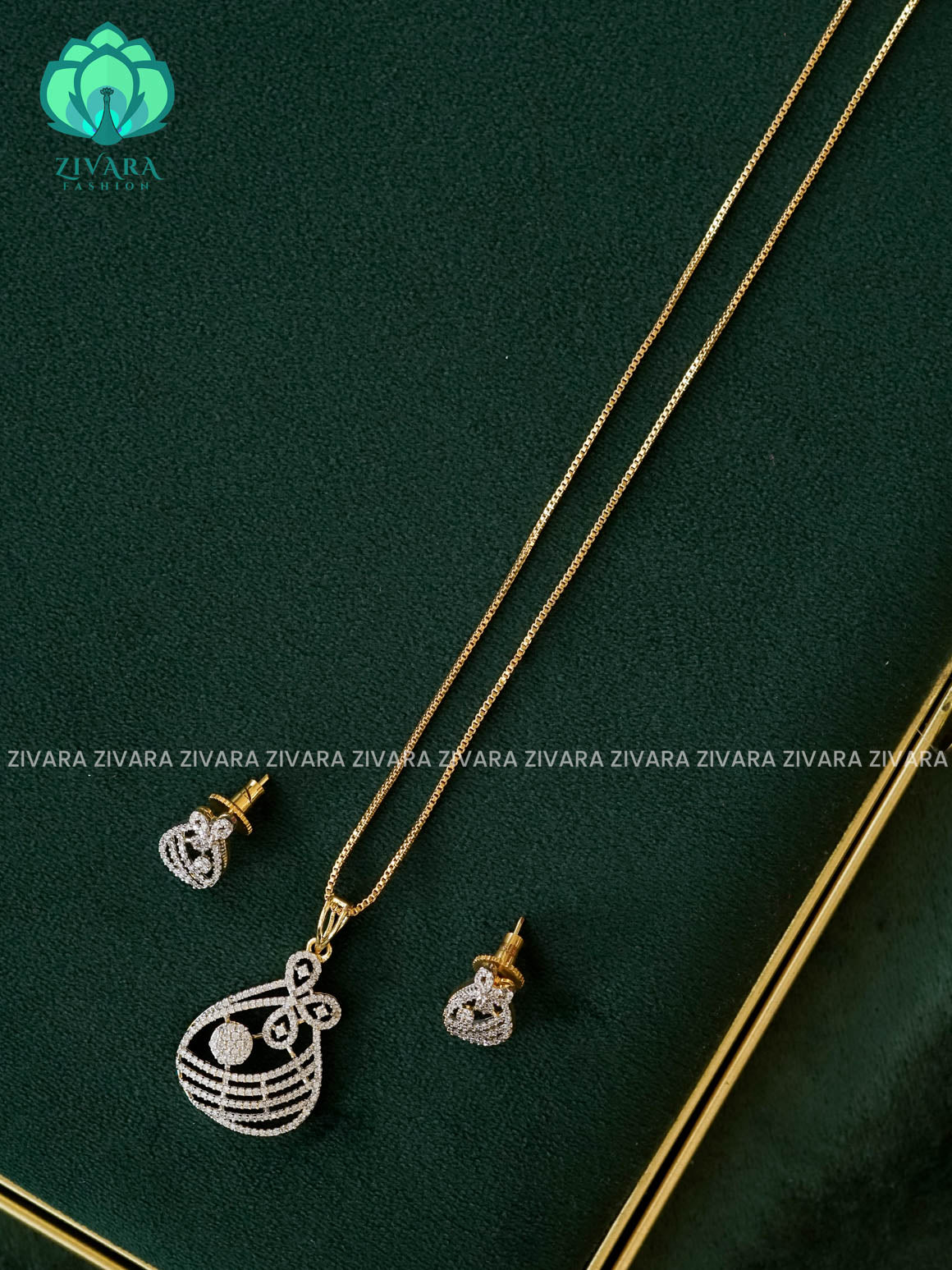 Zyra- Diamond replica Gold polish-pendant set and earrings ( CHAIN COMPLIMENTARY)  -Trending office wear jewellery-Zivara fashion