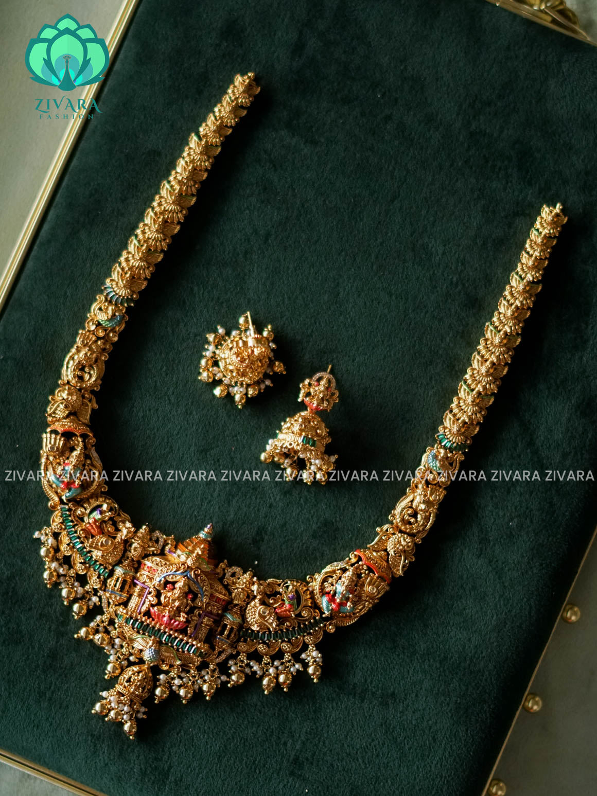 MADHURYA -  GRAND BRIDAL LAKSHMI VINTAGE FINISH handpainted HAARAM/MIDCHEST - Traditional south indian premium neckwear with earrings- Zivara Fashion
