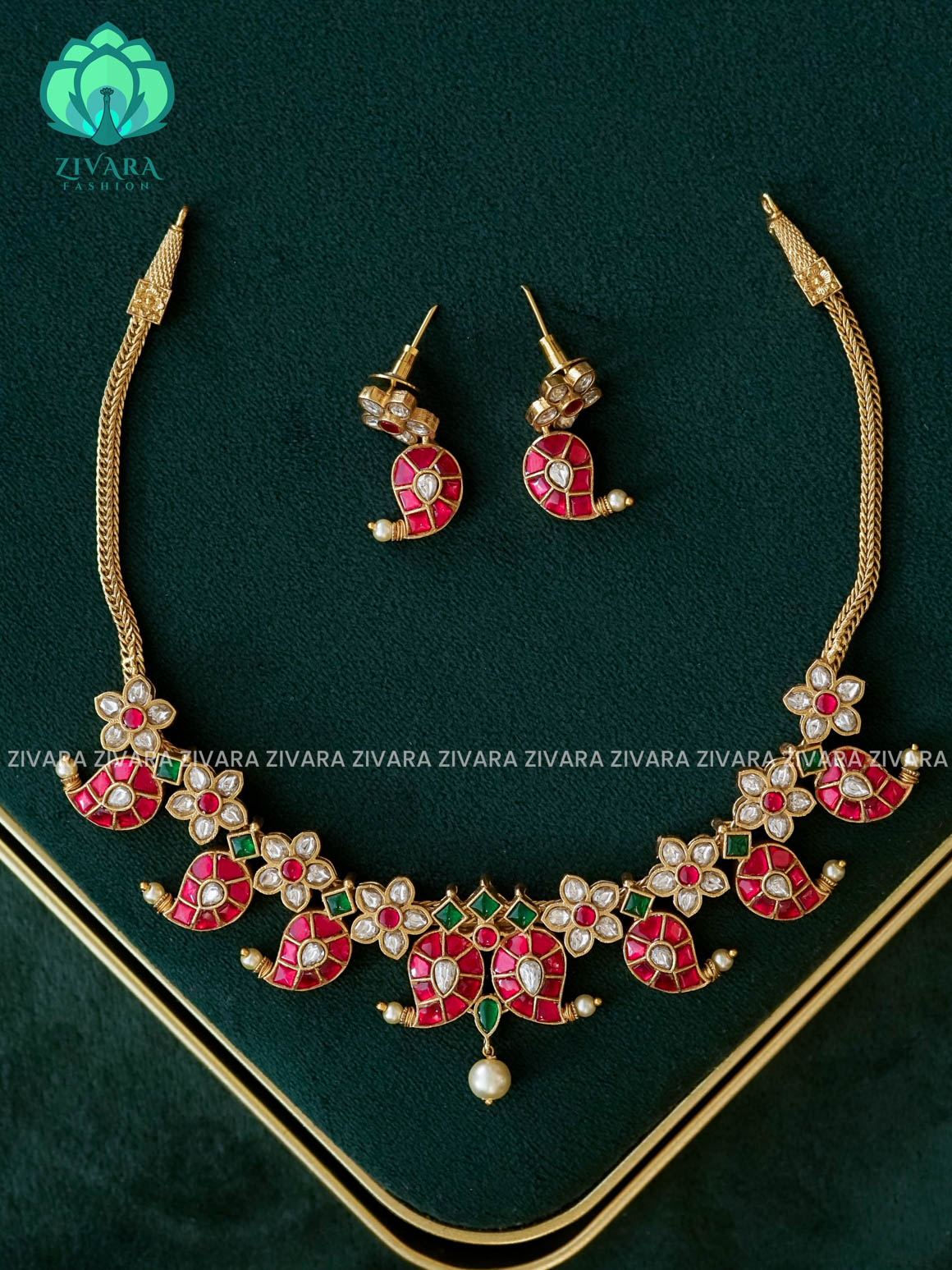 JADAU lotus motif with green beads  -Traditional south indian premium neckwear with earrings- Zivara Fashion- latest jewellery design