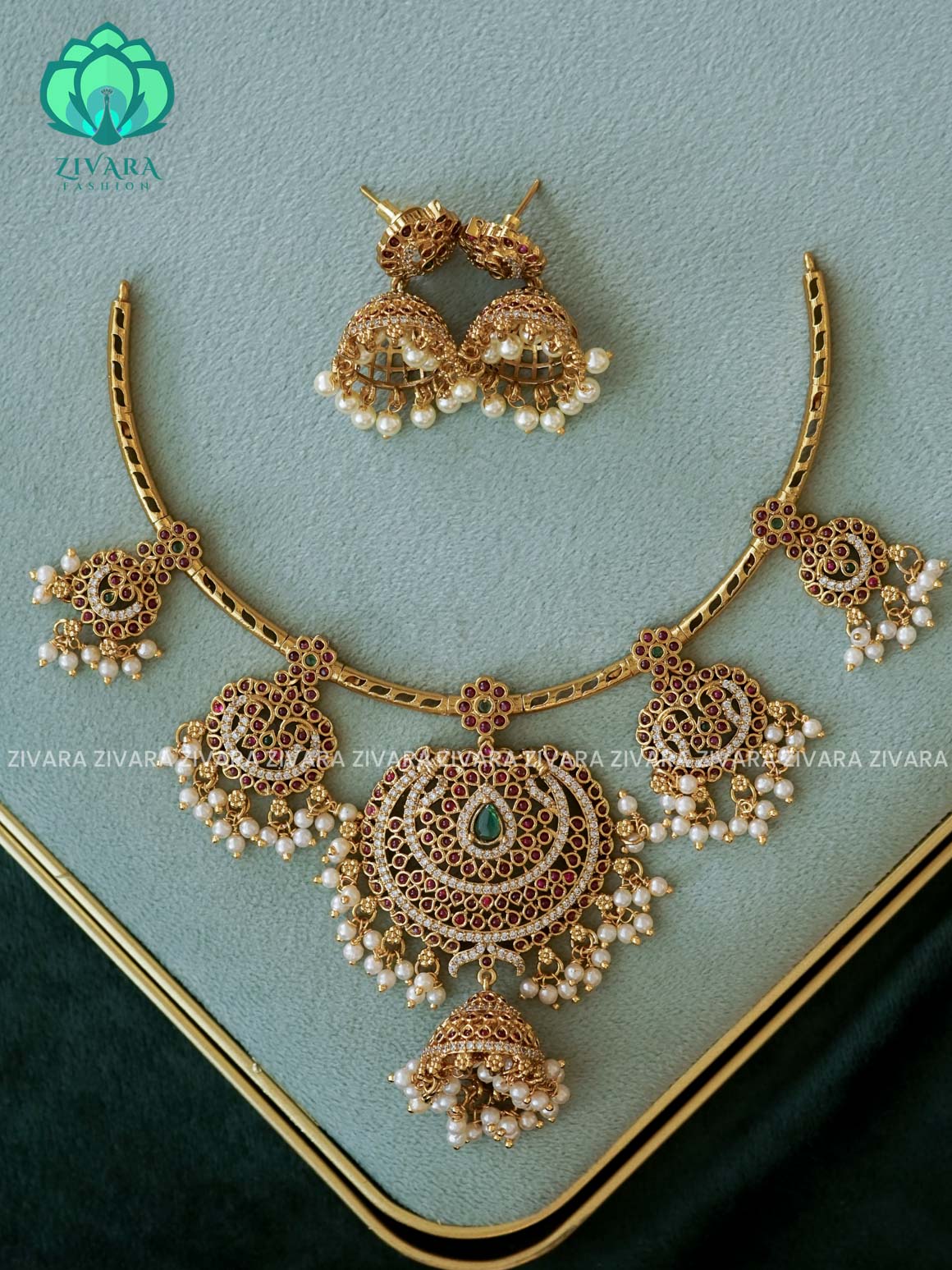 Akshayam - TEMPLE NECKWEAR WITH HANGINGS - bridal temple neckwear -Traditional south indian premium neckwear with earrings- Zivara Fashion- latest jewellery design