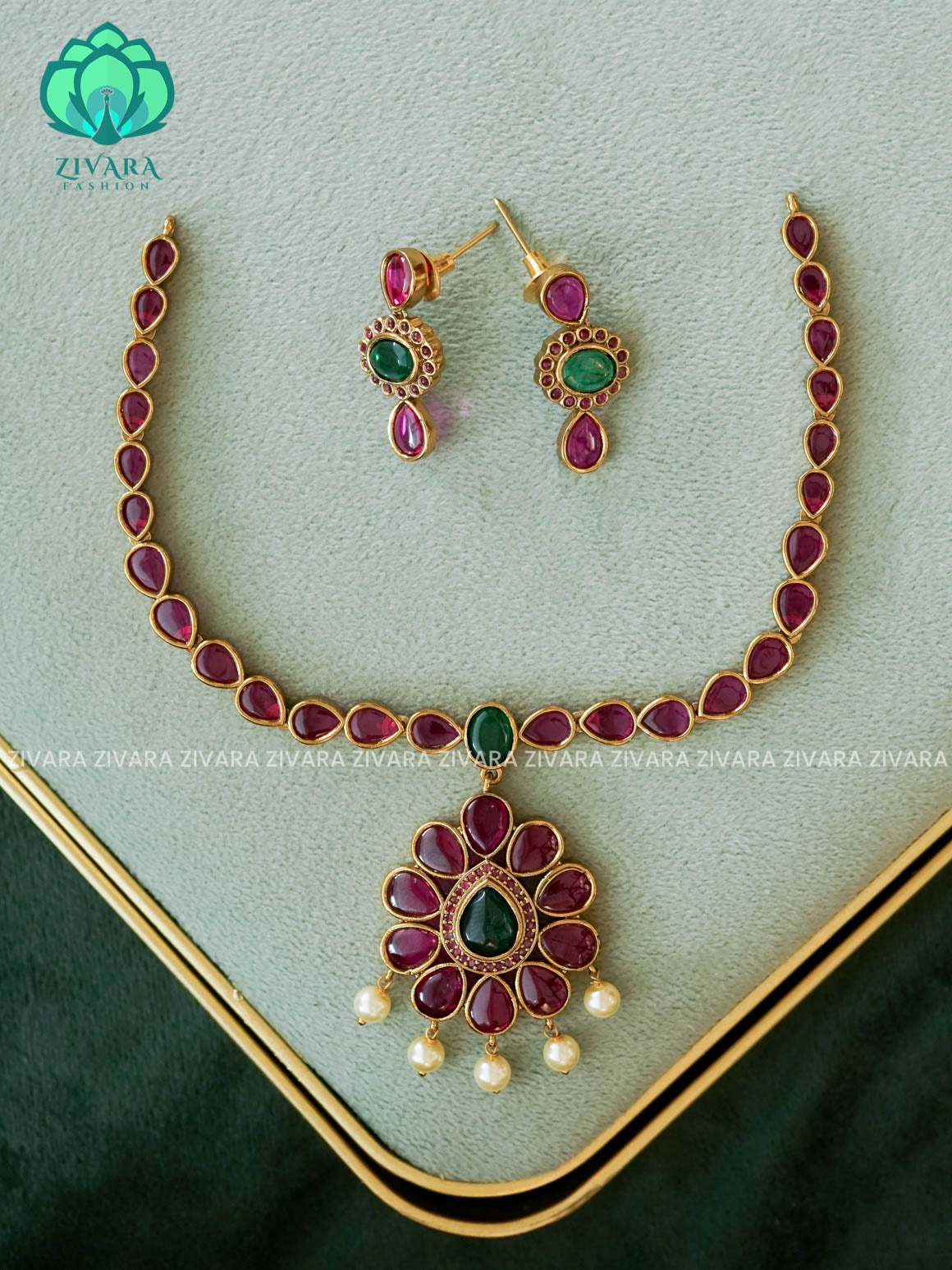 REAL KEMP TEAR PENDANT  - FLEXIBLE CHAIN WITH HANGING -Traditional south indian premium neckwear with earrings- Zivara Fashion- latest jewellery design