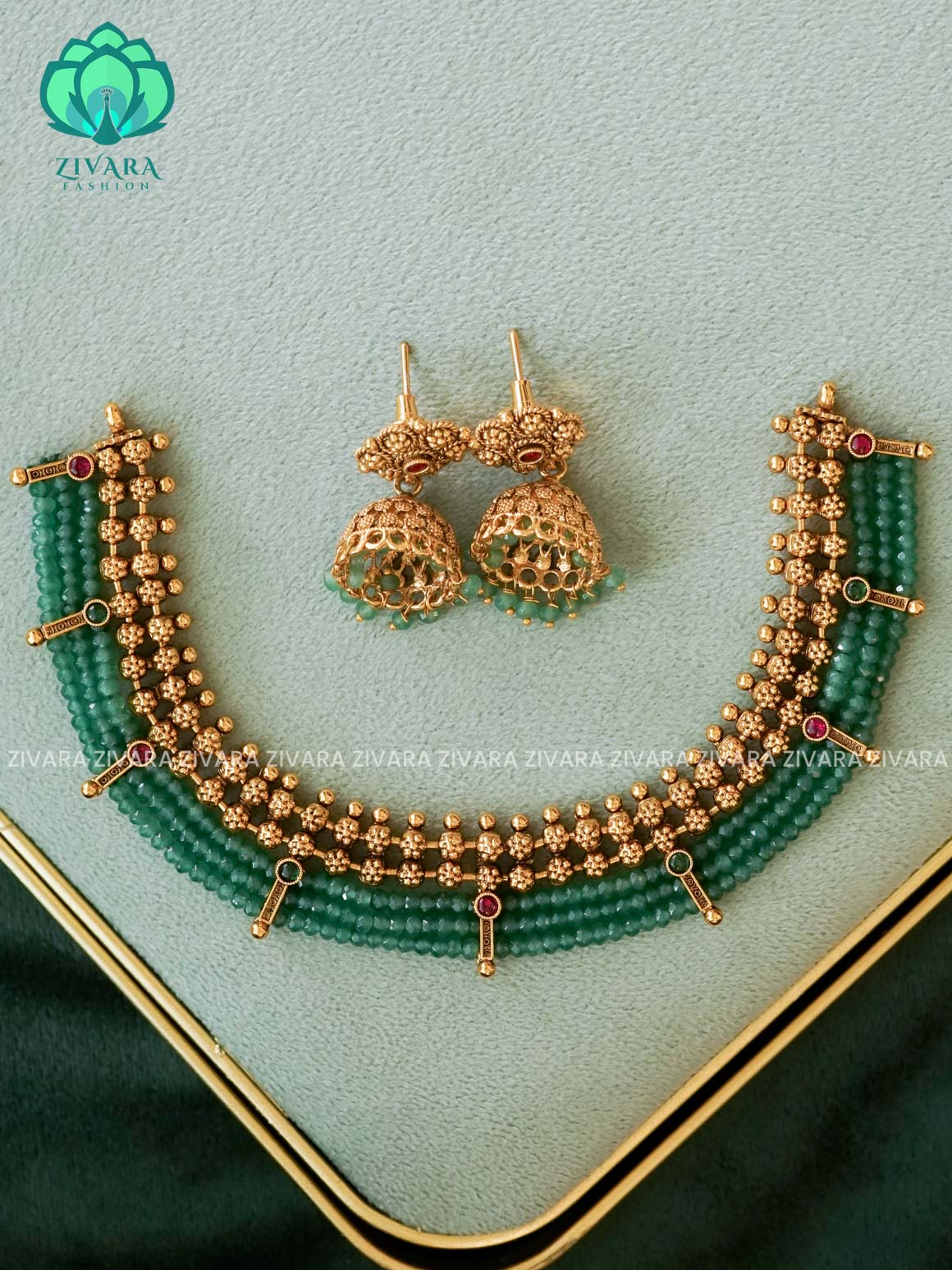 Green beads  - Traditional south indian premium neckwear with earrings- Zivara Fashion- latest jewellery design