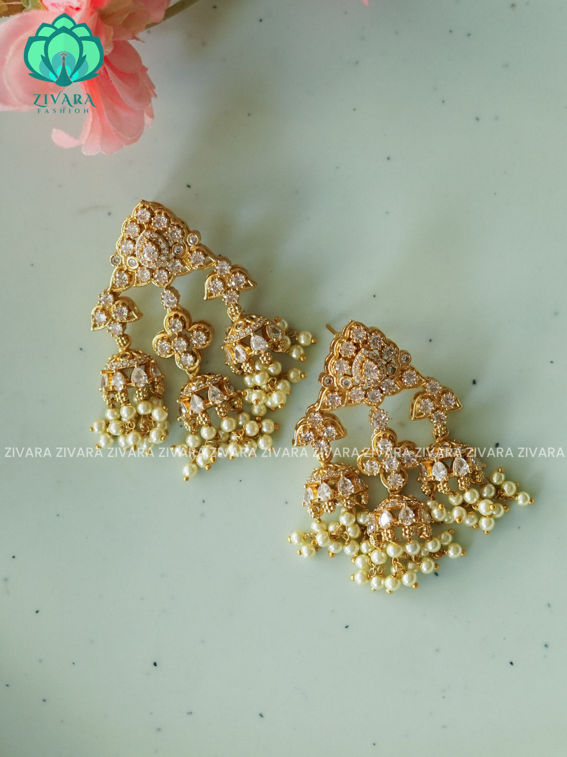 Heavy triple white stone bridal - TRADITIONAL PREMIUM MATTE  polish JHUMKA- latest jewellery collection- zivara fashion