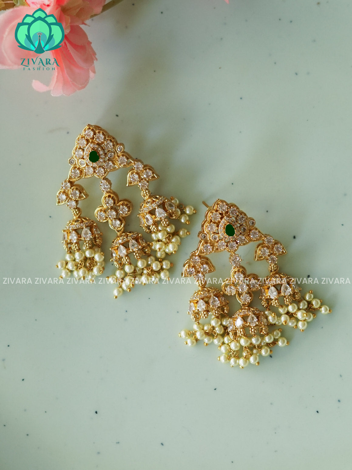 Heavy triple green stone bridal - TRADITIONAL PREMIUM MATTE  polish JHUMKA- latest jewellery collection- zivara fashion