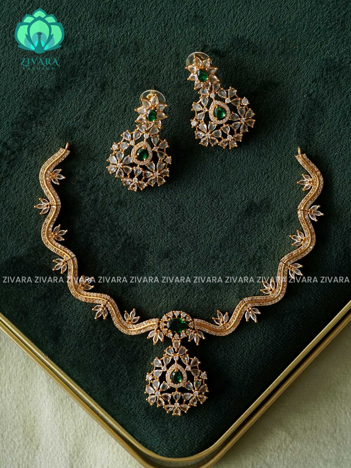 GREEN WHITE FLOWER LEAF CURVY NECKWEAR -  stylish and minimal elegant neckwear with earrings- Zivara Fashion