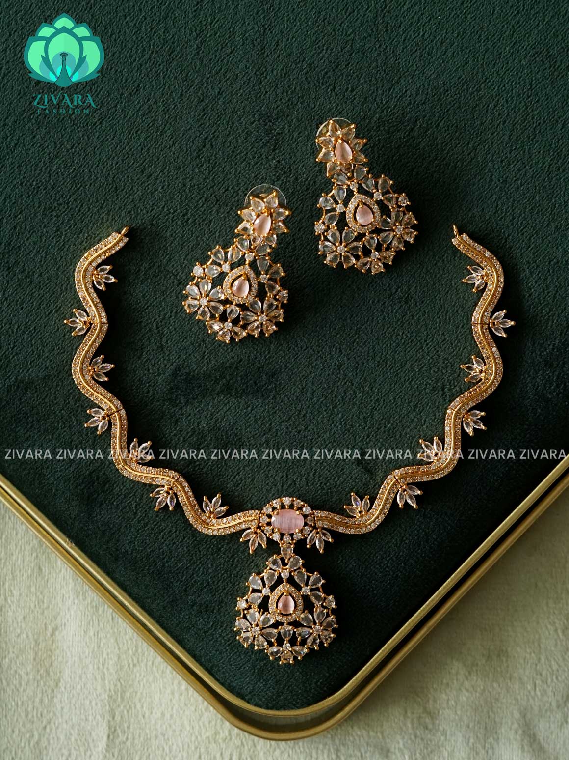 PINK WHITE FLOWER LEAF CURVY NECKWEAR -  stylish and minimal elegant neckwear with earrings- Zivara Fashion