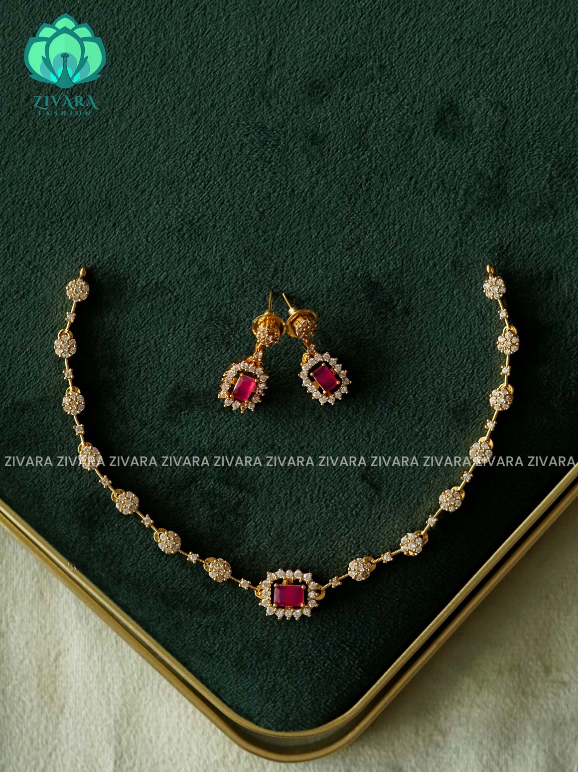 RUBY STONE RECTANGLE WHITE FLOWER NECKWEAR -  stylish and minimal elegant neckwear with earrings- Zivara Fashion