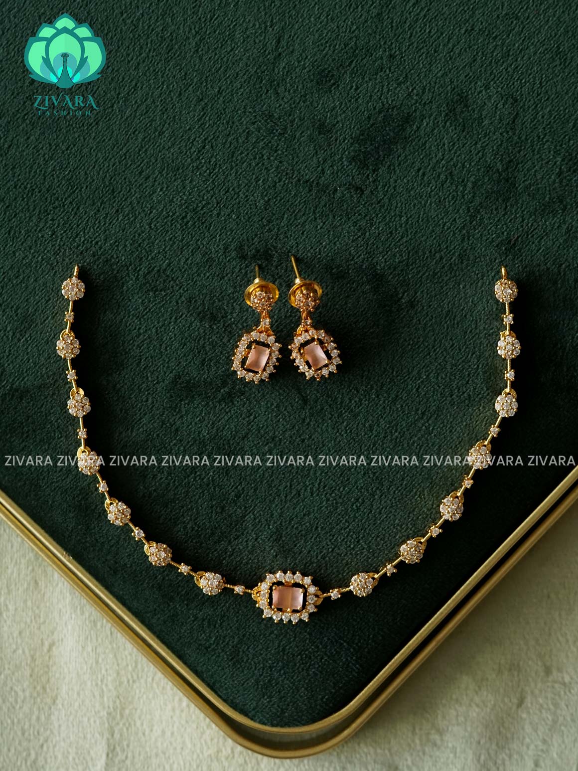 PINK STONE RECTANGLE WHITE FLOWER NECKWEAR -  stylish and minimal elegant neckwear with earrings- Zivara Fashion (Copy) (Copy) (Copy)