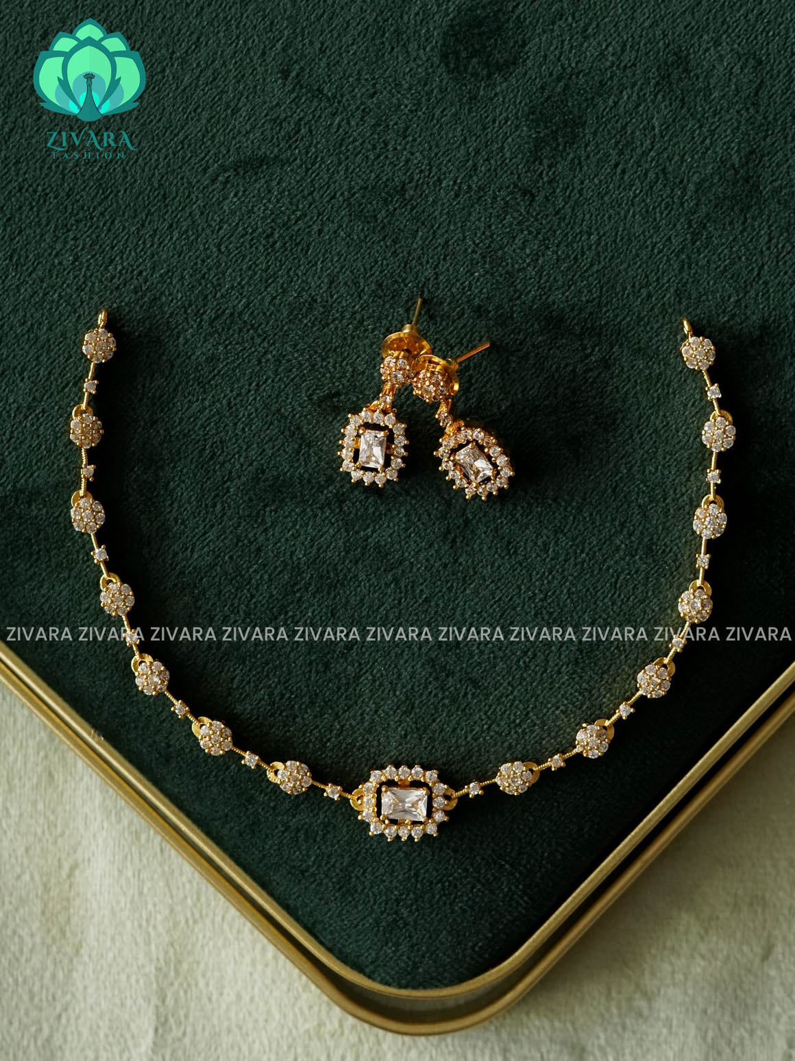 WHITE STONE RECTANGLE WHITE FLOWER NECKWEAR -  stylish and minimal elegant neckwear with earrings- Zivara Fashion (Copy) (Copy)