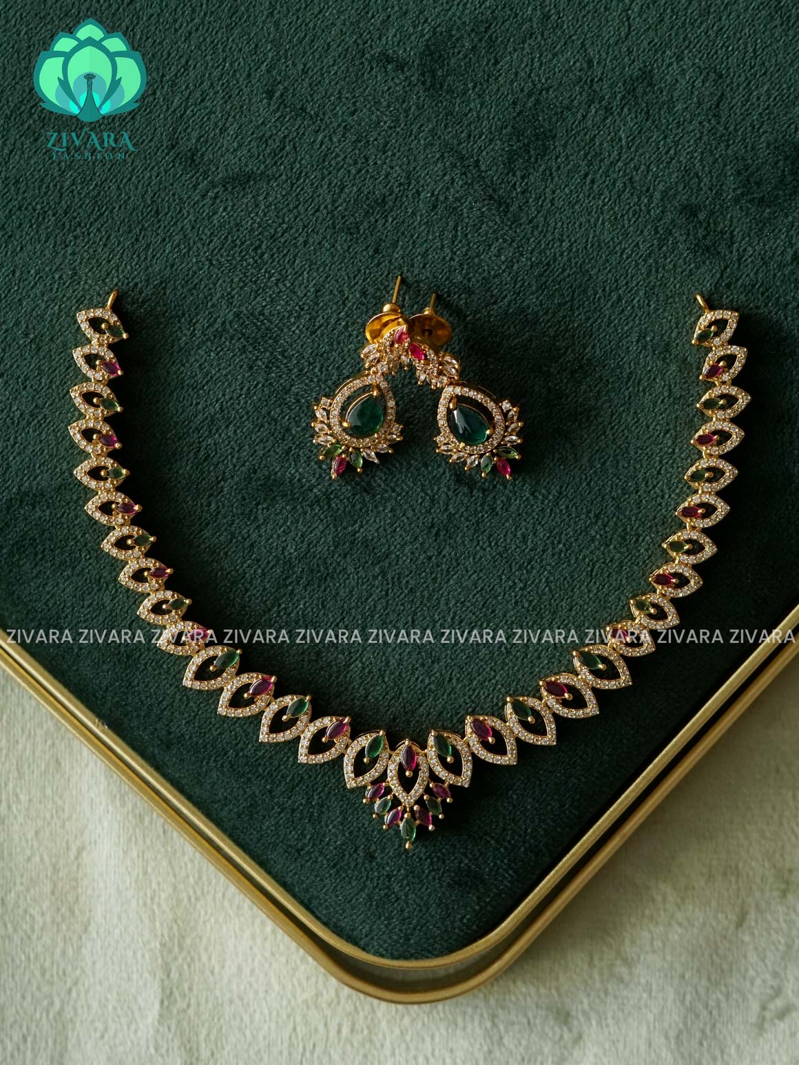 WHITE RUBY AND GREEN LEAF elegant neckwear with earrings - latest jewellery designs- Zivara Fashion