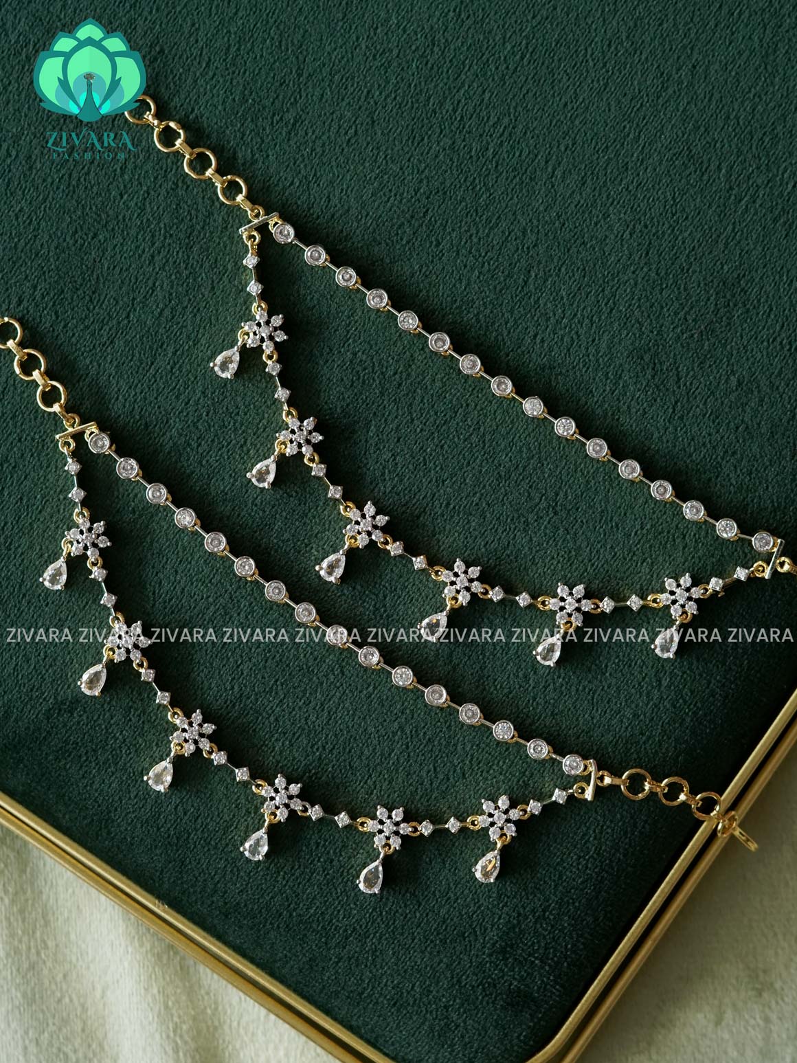 Rhodium 2 LAYER WHITE TEAR HANGING dual polish-  premium finish bridal earchain maatal- south indian kemp bridal accessory