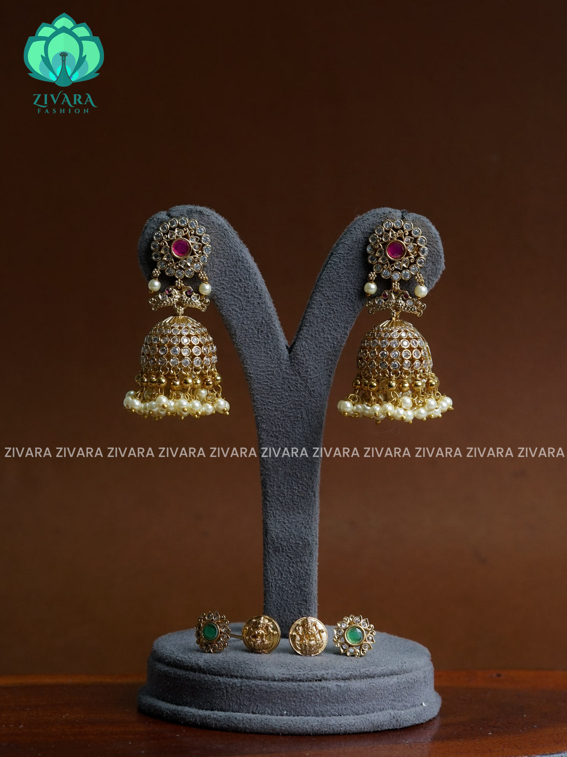 Interchangable studs Big real kemp  bridal double peacock jhumka - TRADITIONAL PREMIUM MATTE  polish JHUMKA- latest jewellery collection- zivara fashion