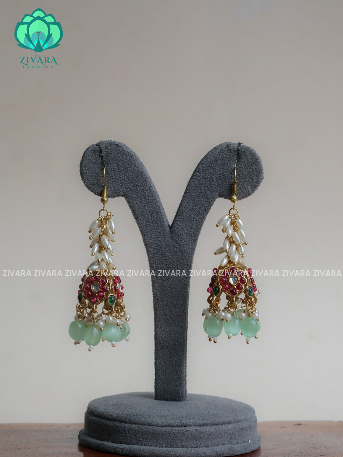 Pastel Green beads - Long Pearl cluster Hook jhumka - NORMAL MATTE polish JHUMKA - latest jewellery collection- zivara fashion