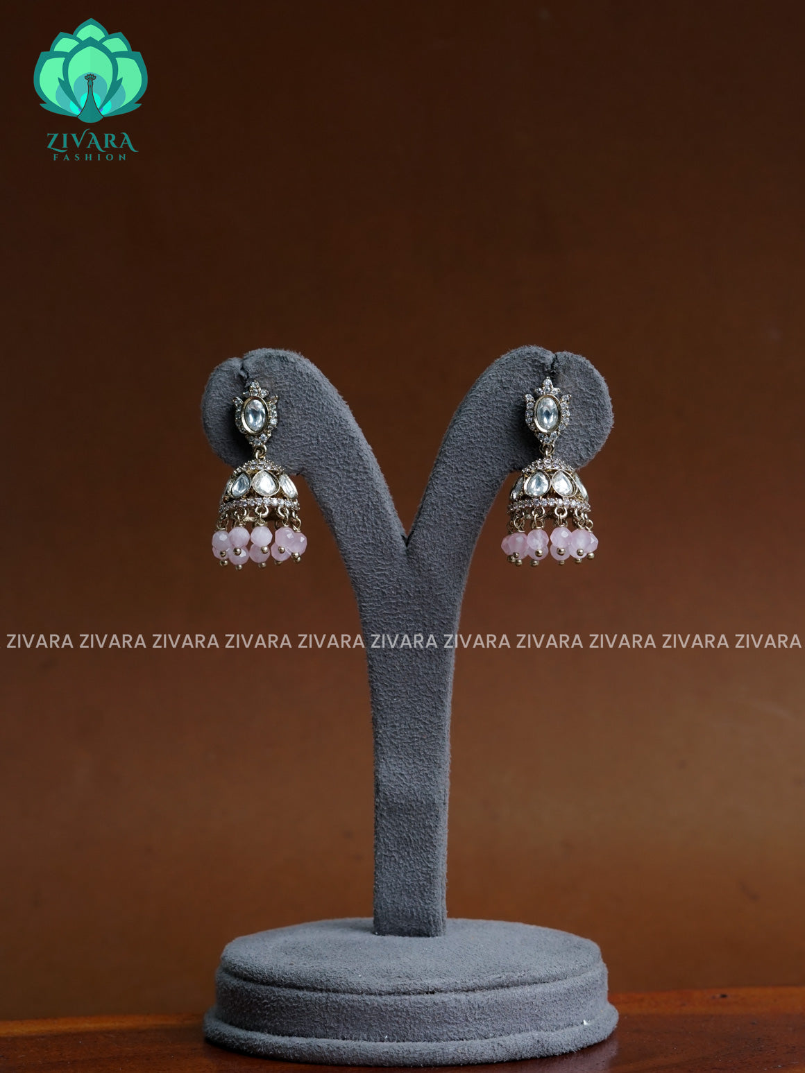 PINK   - Victoria dark finish  stone medium size jhumka  - TRADITIONAL PREMIUM  JHUMKA- latest jewellery collection- zivara fashion